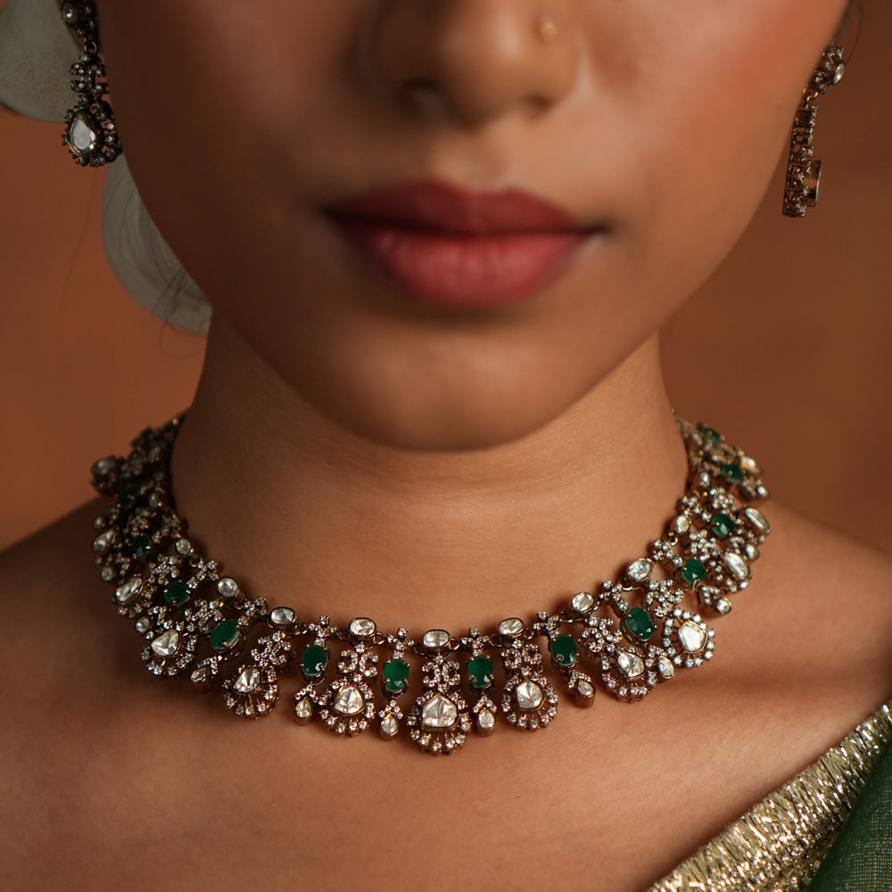 Ava Choker in 92.5 silver with green Polki stones – front view