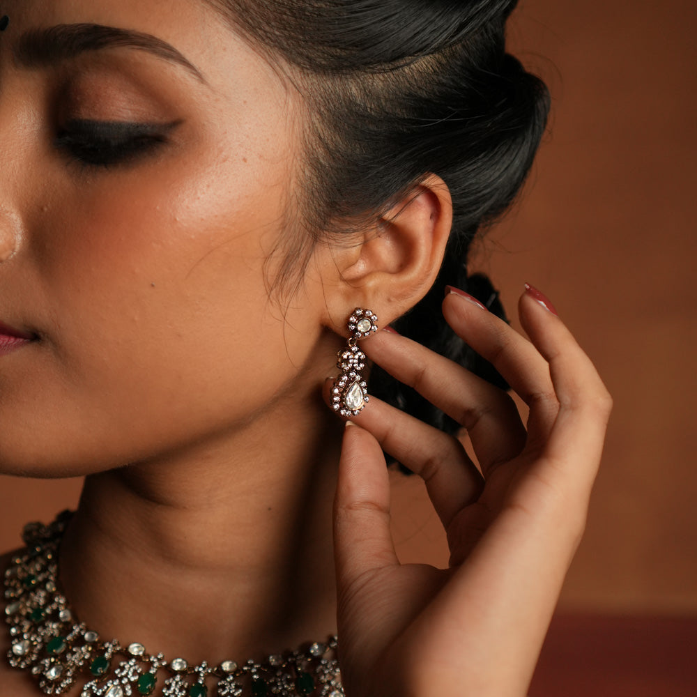 Ava Earrings handcrafted silver with Polki stones.