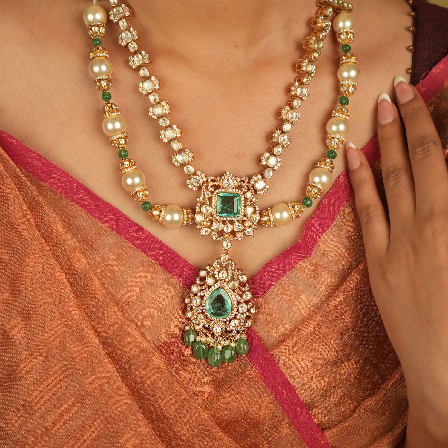 Avni Necklace with Moissanite Polki and green stones in gold finish