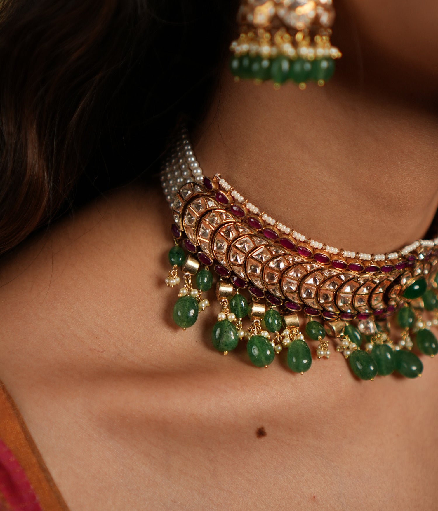 Bridal choker with Polki CZ and colorful stones made in sterling silver for elegant styling
