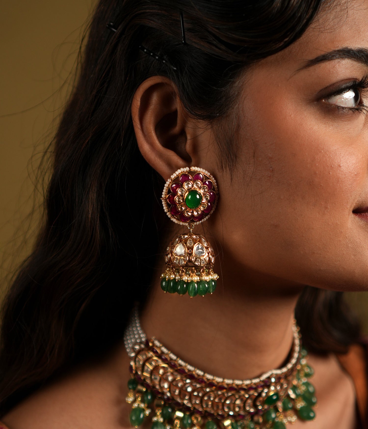 Traditional Polki and Spinel earrings perfect with chokers for bridal styling