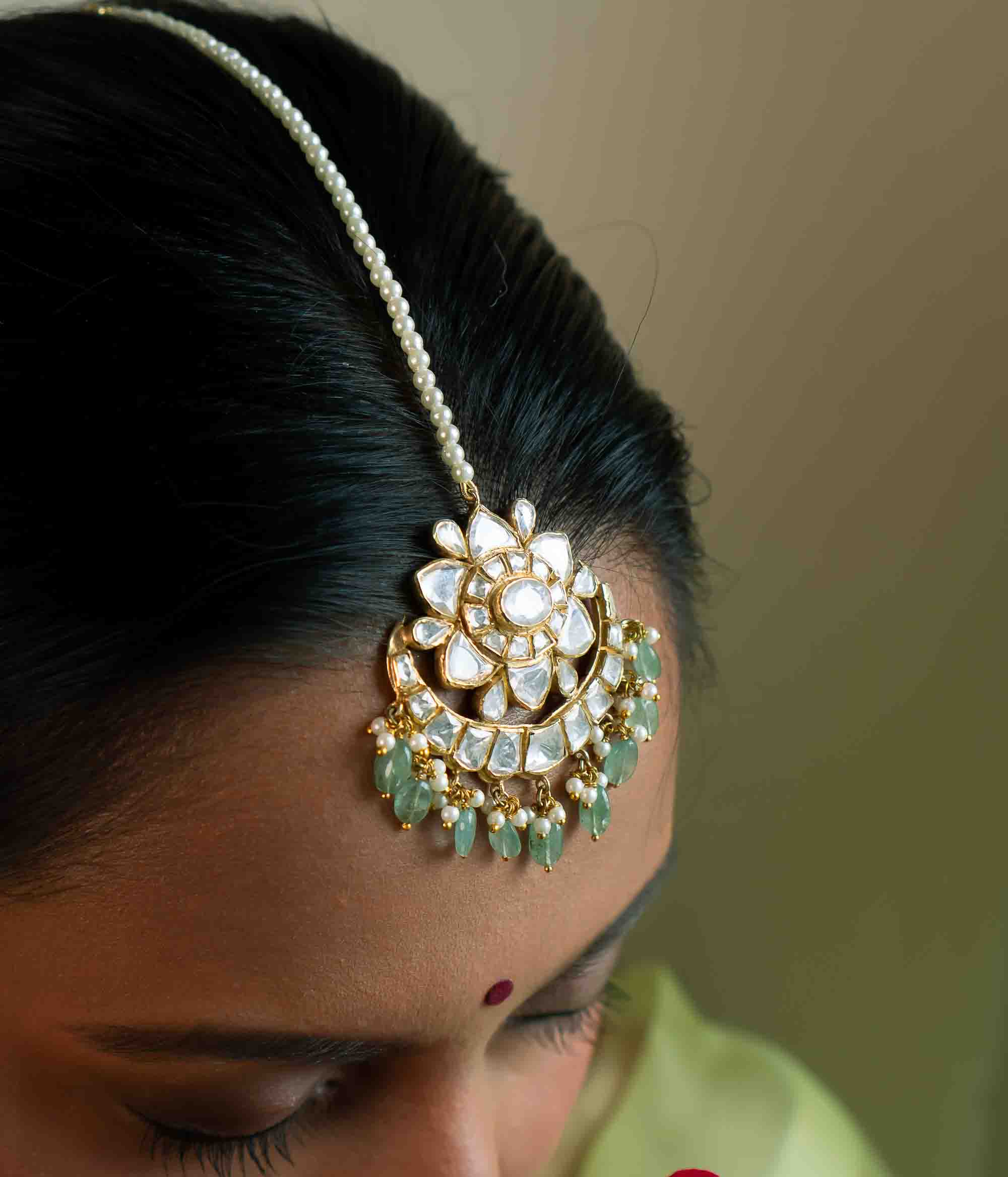 Traditional gold-plated silver earrings with Polki and pearl detailing