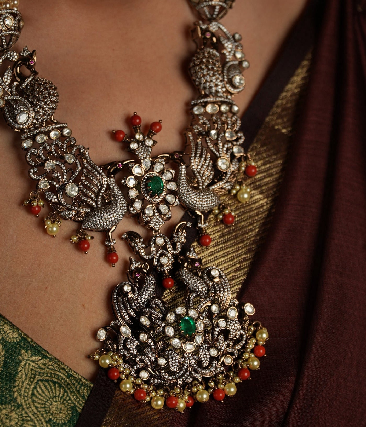 Baidehi Silver Necklace with Moissanite, Green, and CZ Stones