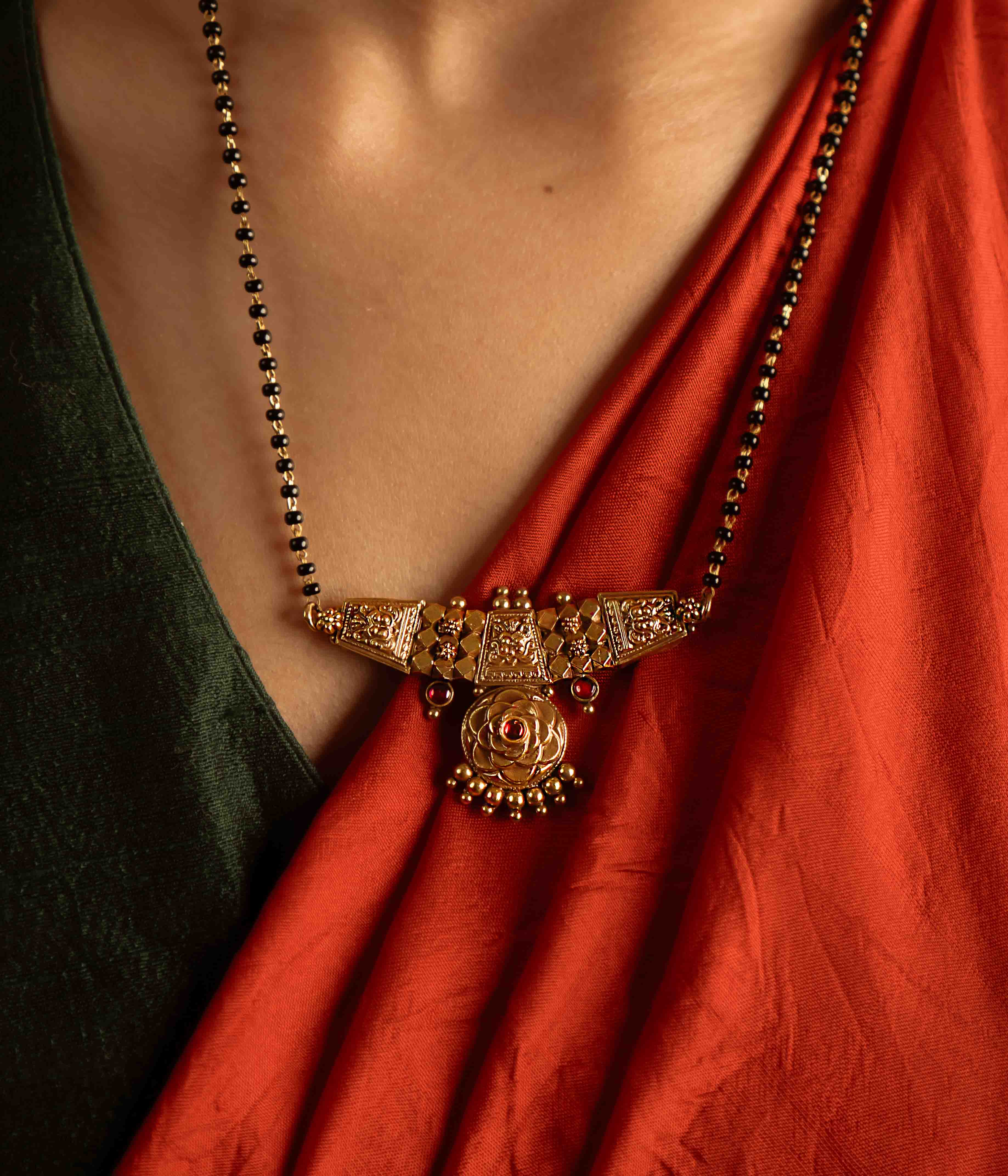 Red Kundan Stone Mangalsutra on Black Bead Chain