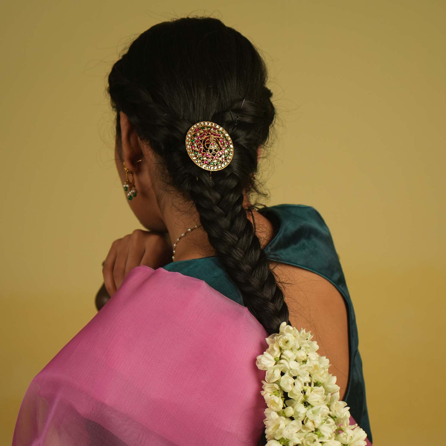 Bhagirathi Hairpin in 92.5 Silver with Red, Green, and White Kundan