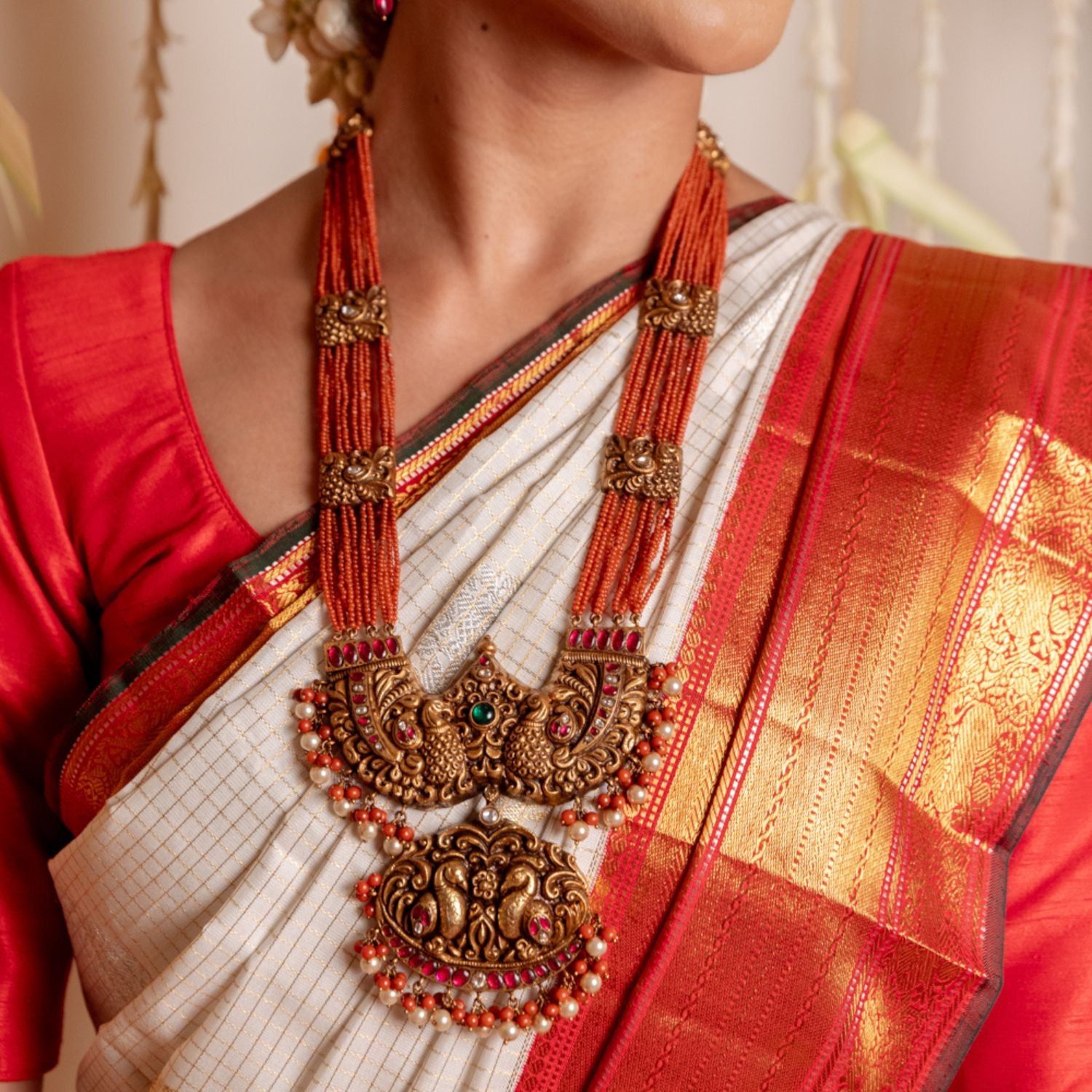 Bhairavi Temple Necklace in 92.5 Silver with Spinel and Pearls
