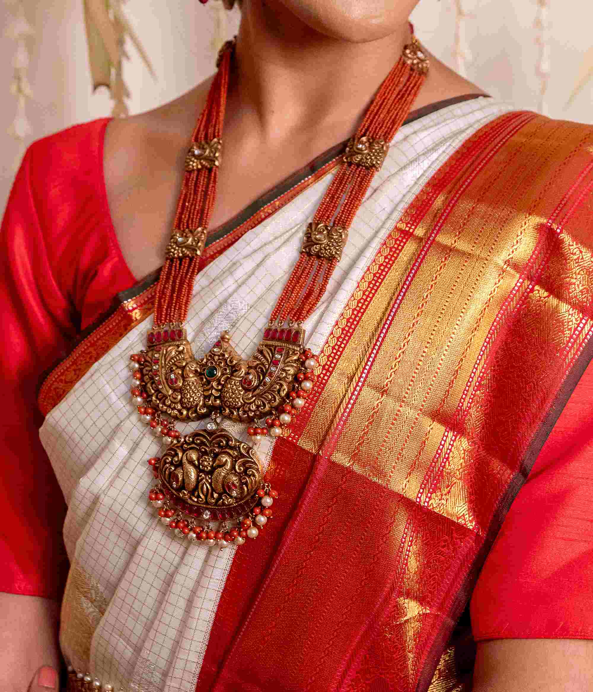 Silver Temple Necklace with Pearls Coral and Gold Finish