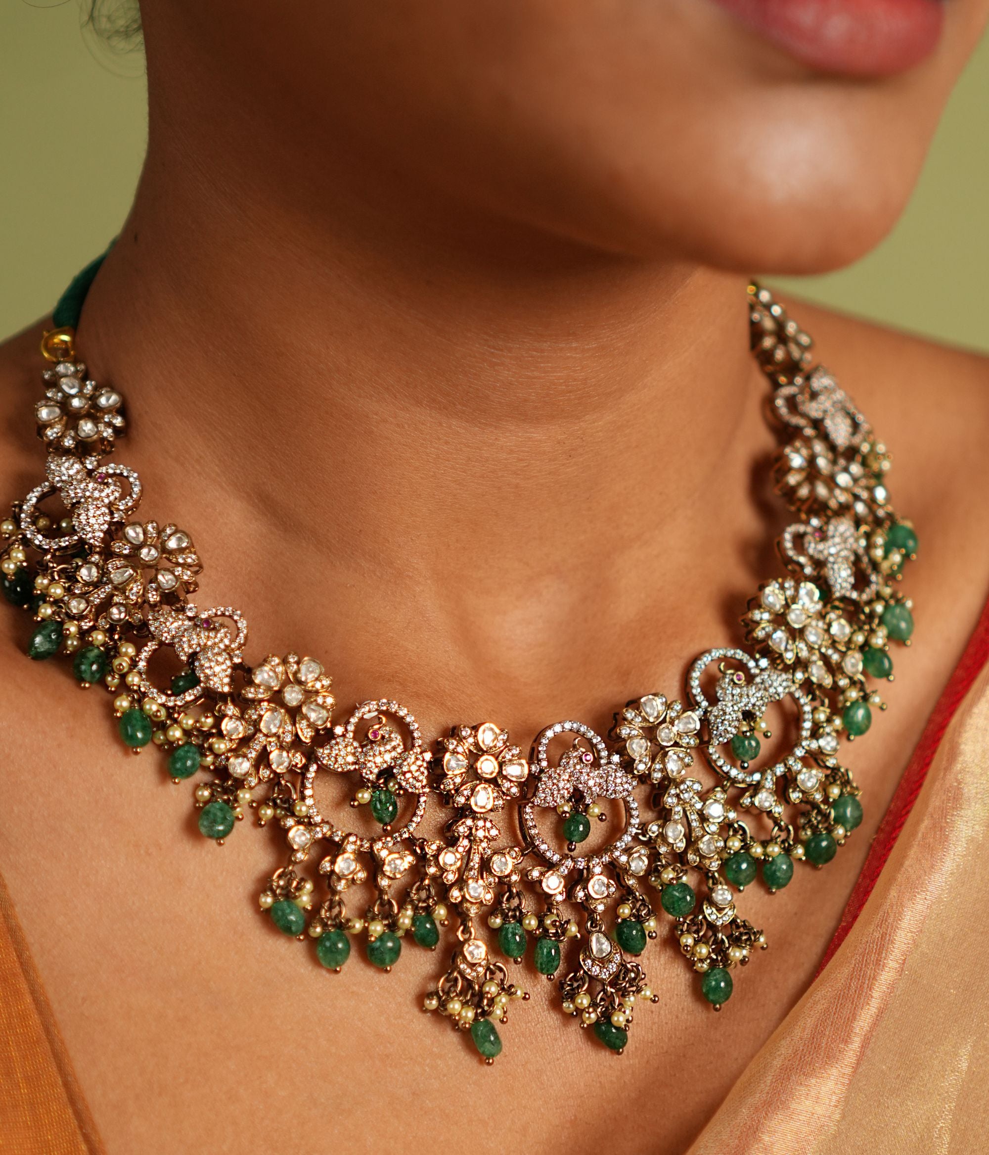 Bhavyam Necklace in Victorian Finish with Green and Moissanite Stones