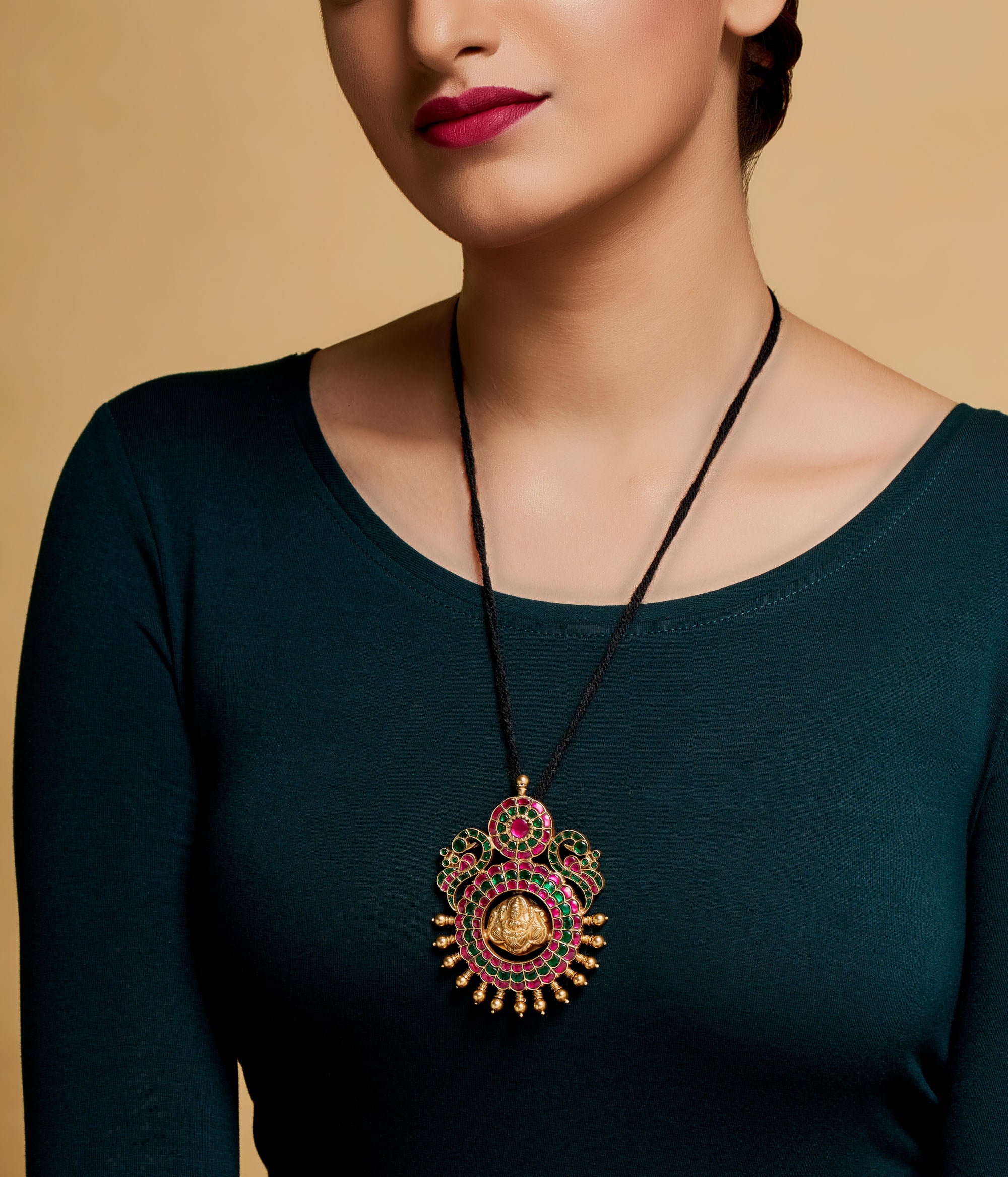 Bhu Kundan Pendant in Sterling Silver with Red & Green Stones