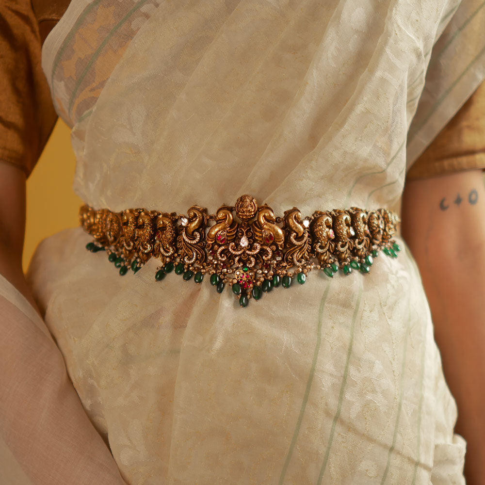 Traditional Silver Hip Belt with Red and Green Kundan Stones display picture 1