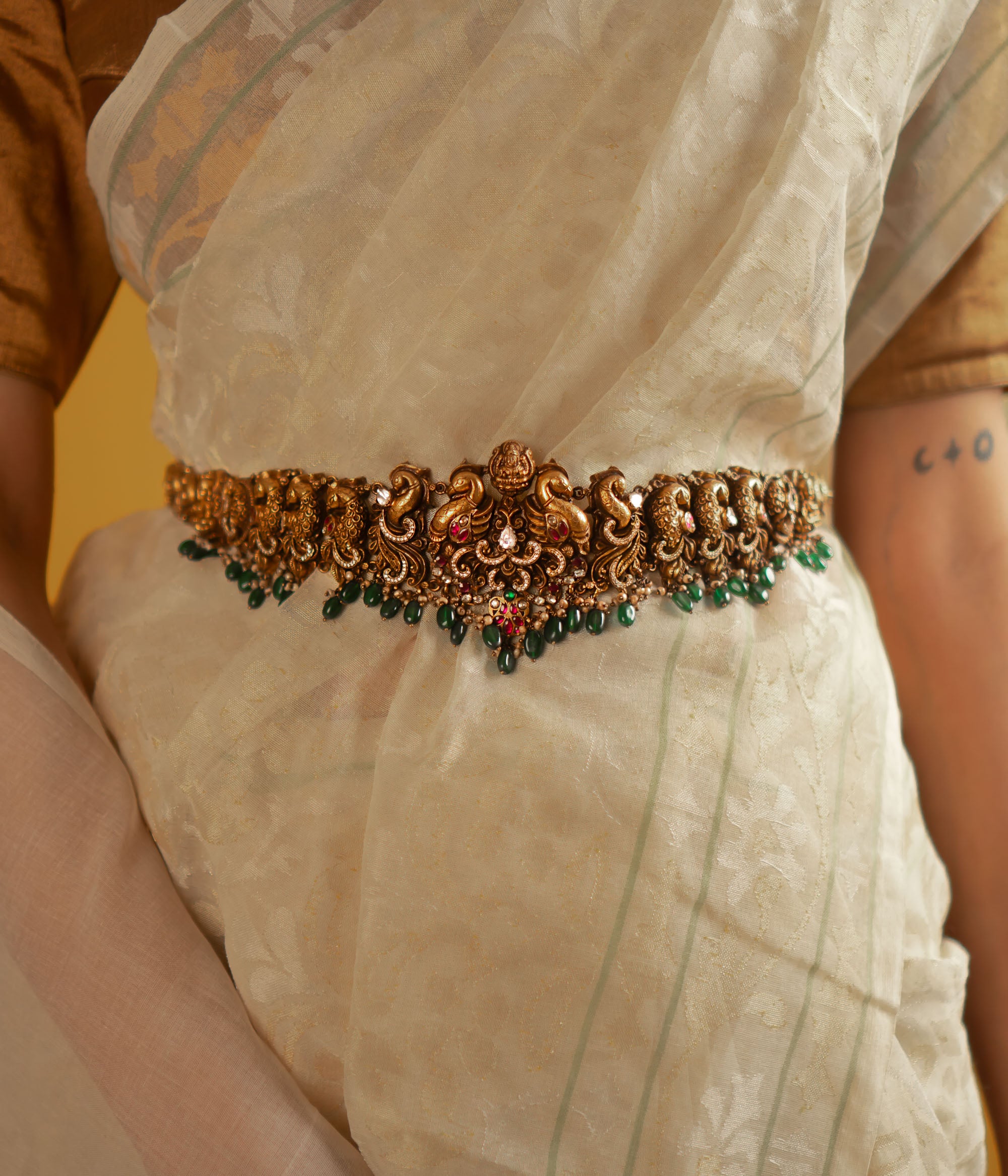 Bina Silver Hip Belt with Red and Green Kundan Stones