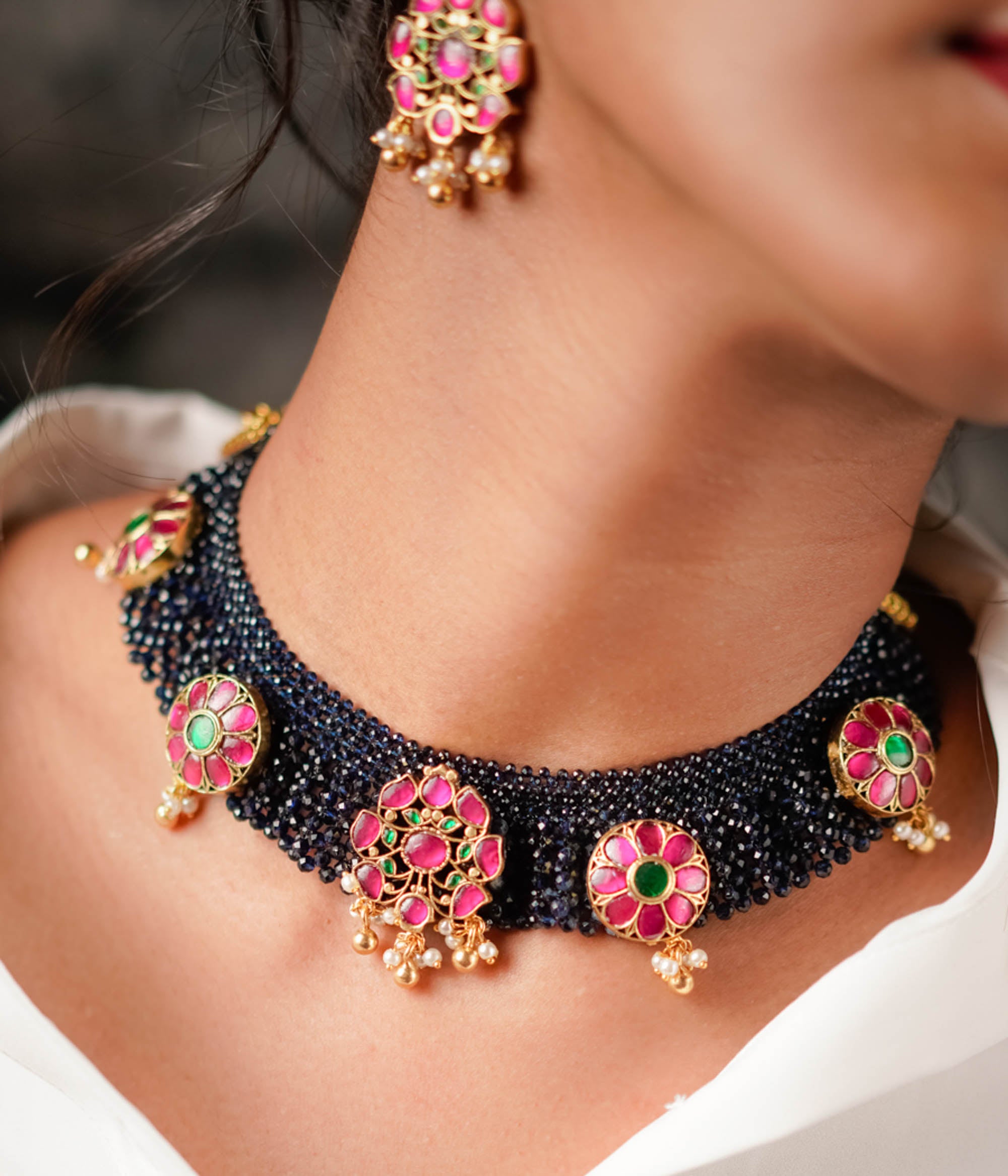 Bougainvillea Necklace in 92.5 Silver with Red and Green Kundan