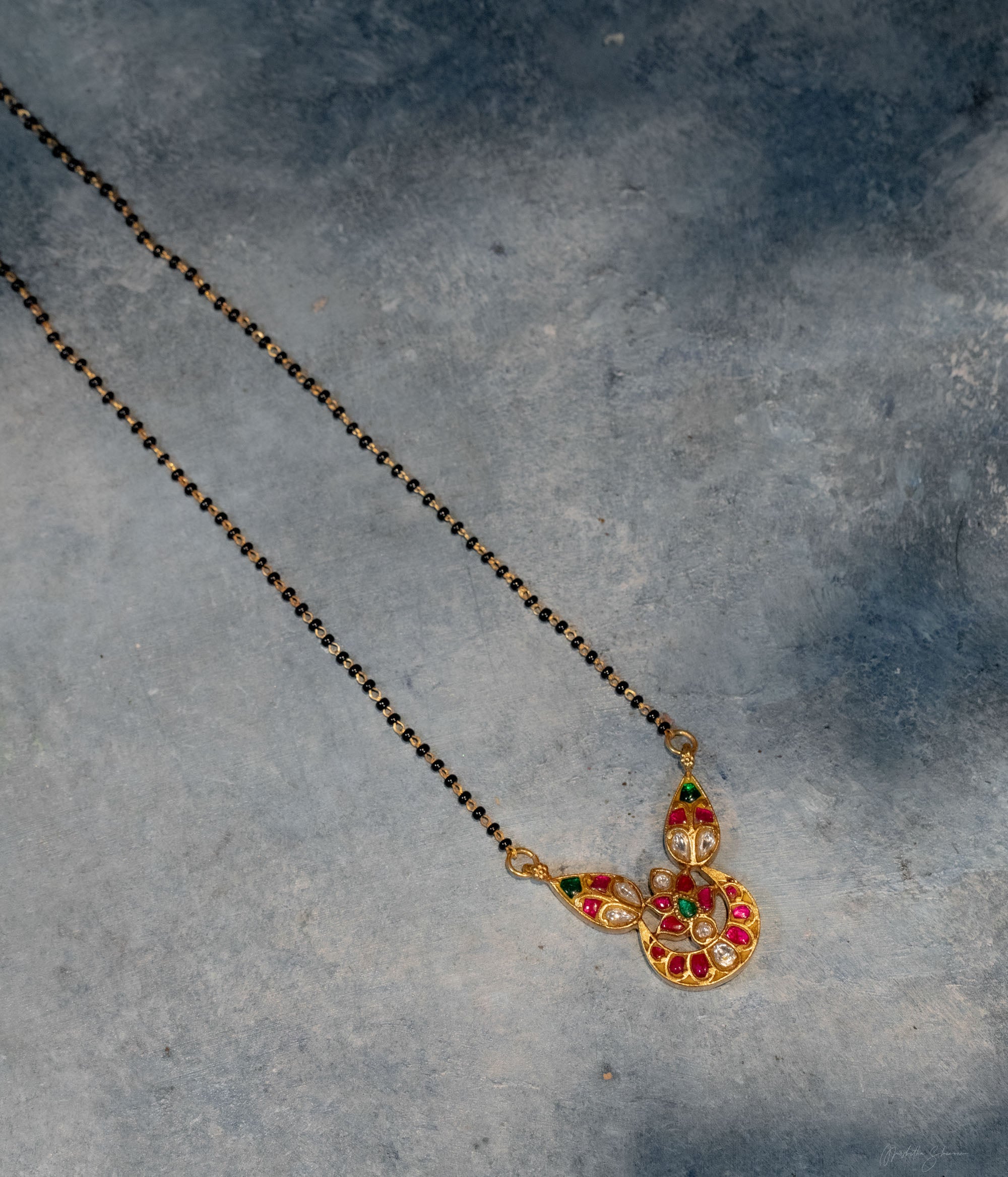 Bramari Kundan Mangalsutra in Silver with Red Green White Stones