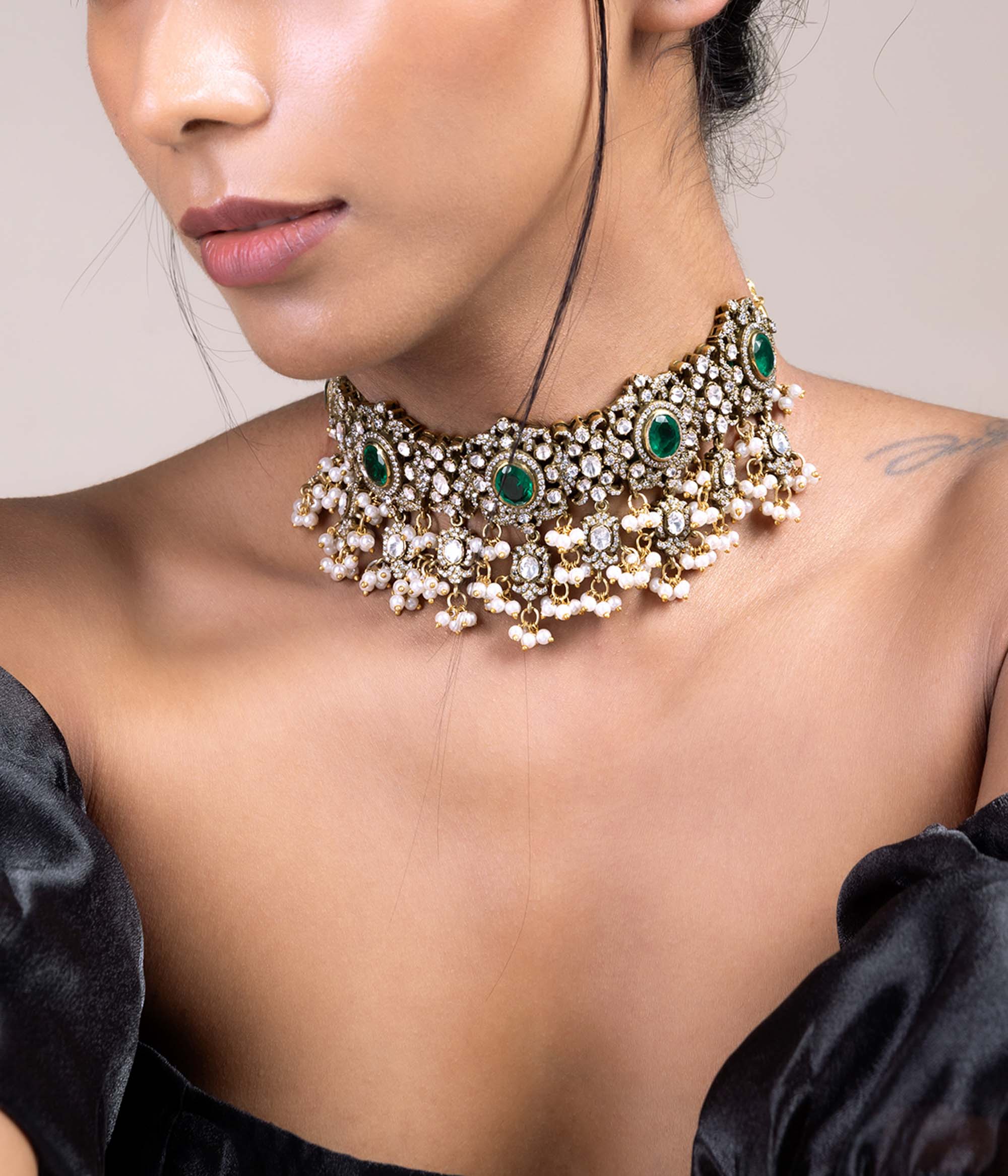 Celestine Necklace with Moissanite Polki and Pearls