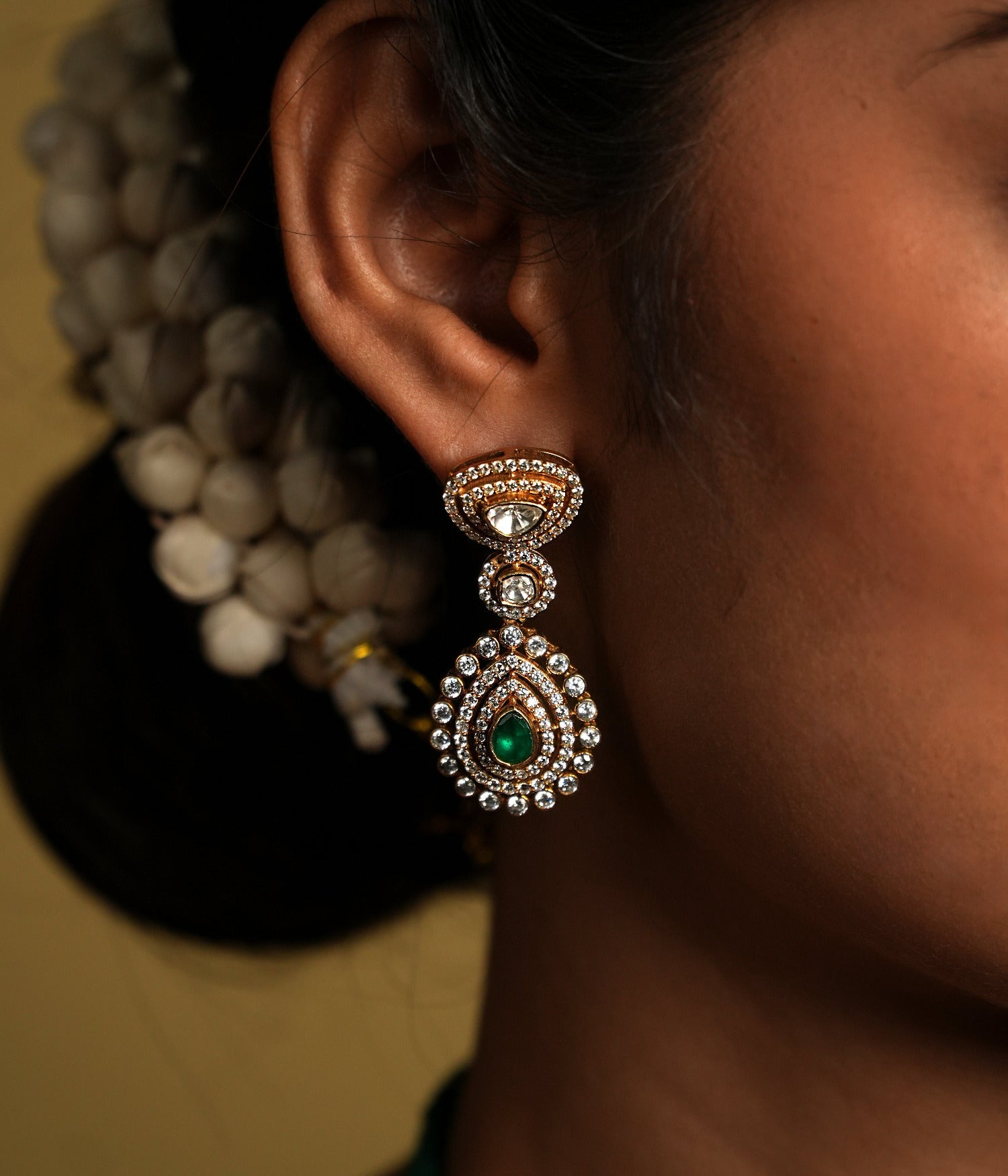Handmade Moissanite Earrings with Green Gemstone Detail
