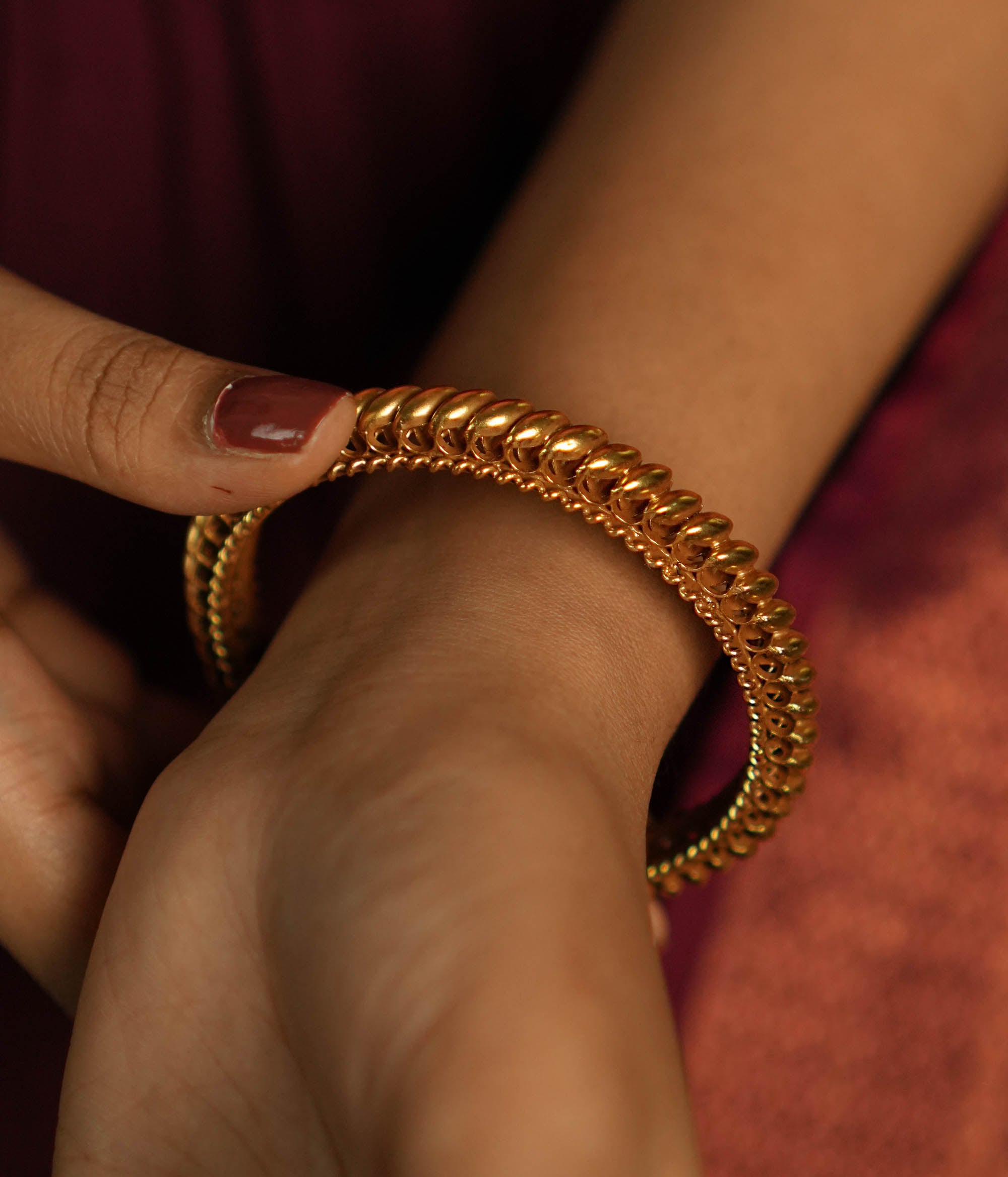Close-up of Chandphool Silver Bangle with Heritage Motif