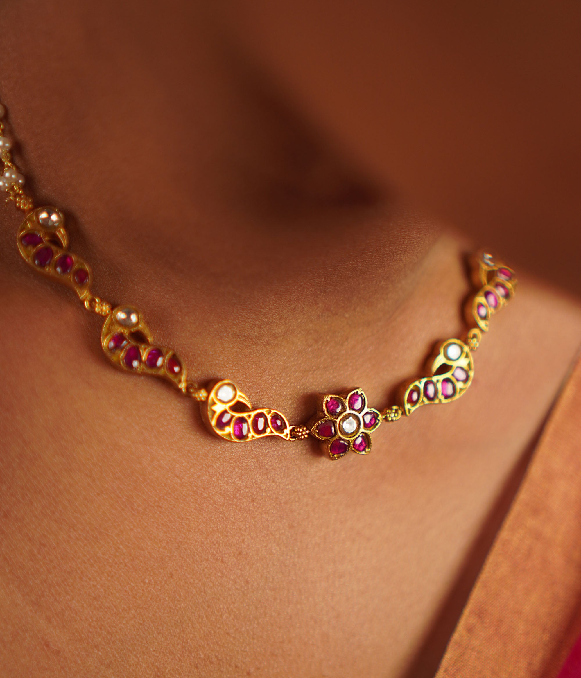 Red and White Kundan Necklace with Rope Back – DivasMantra