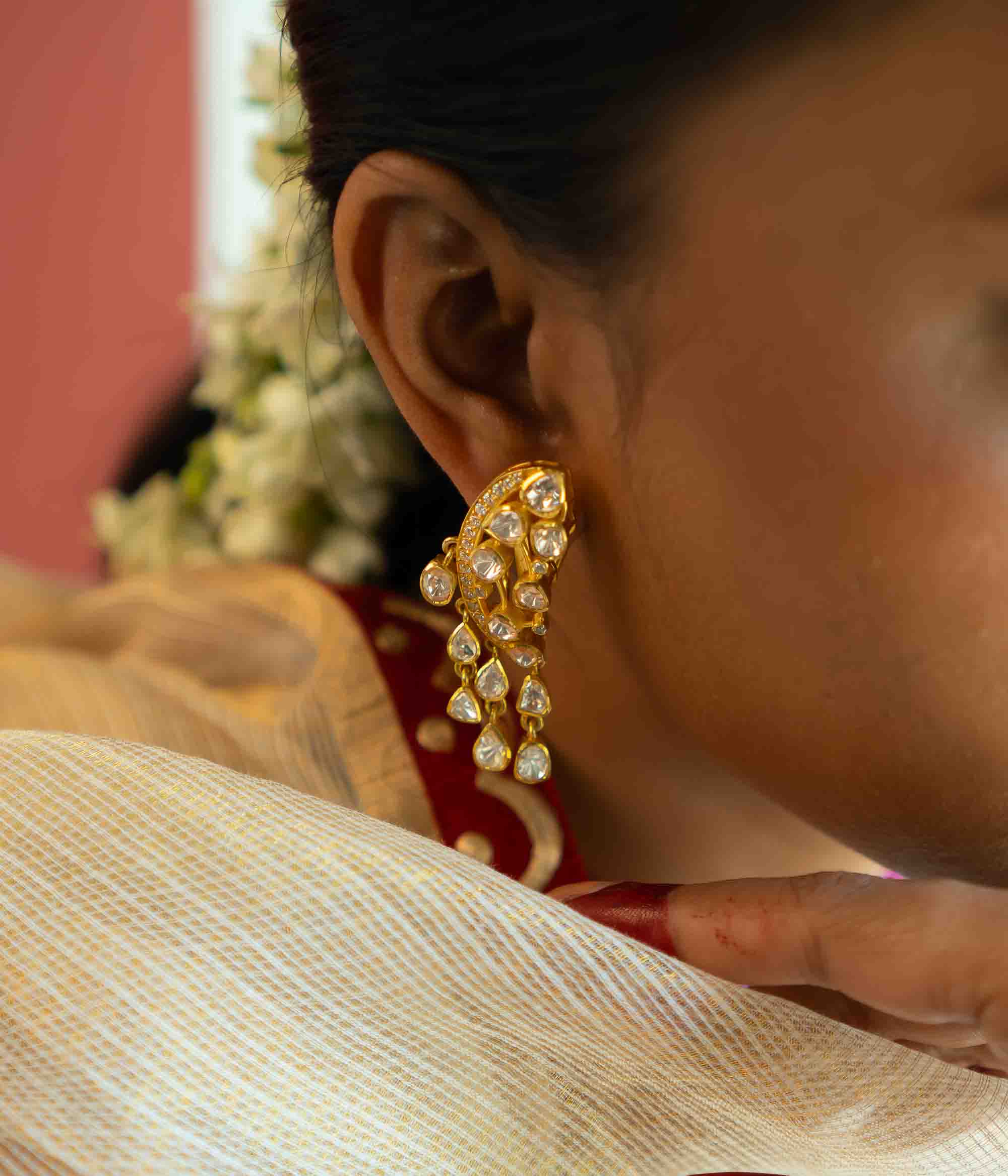 Handmade Push Back Silver Earrings with Polki Design