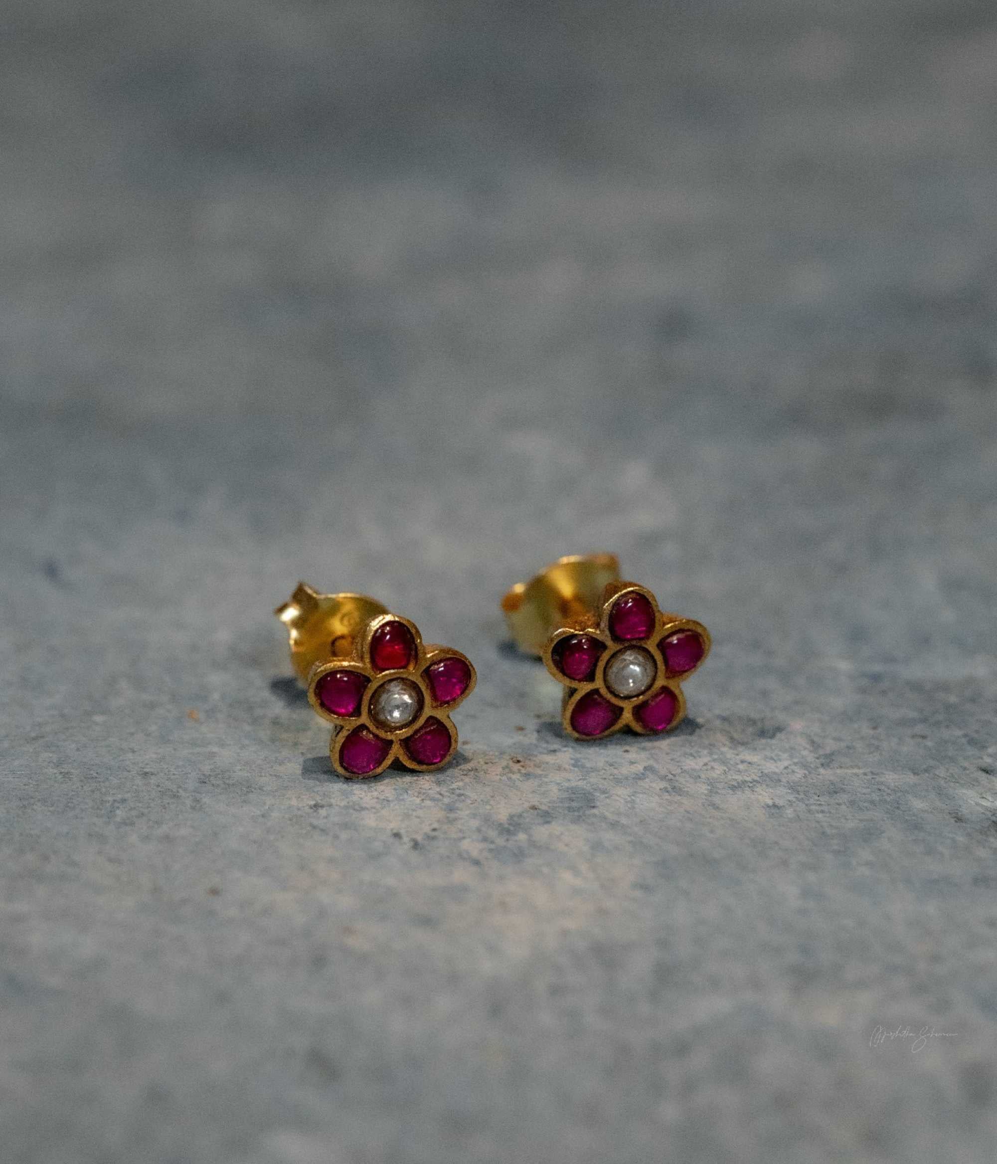 Charu silver kundan stud earrings with red and white stones handcrafted in Chennai