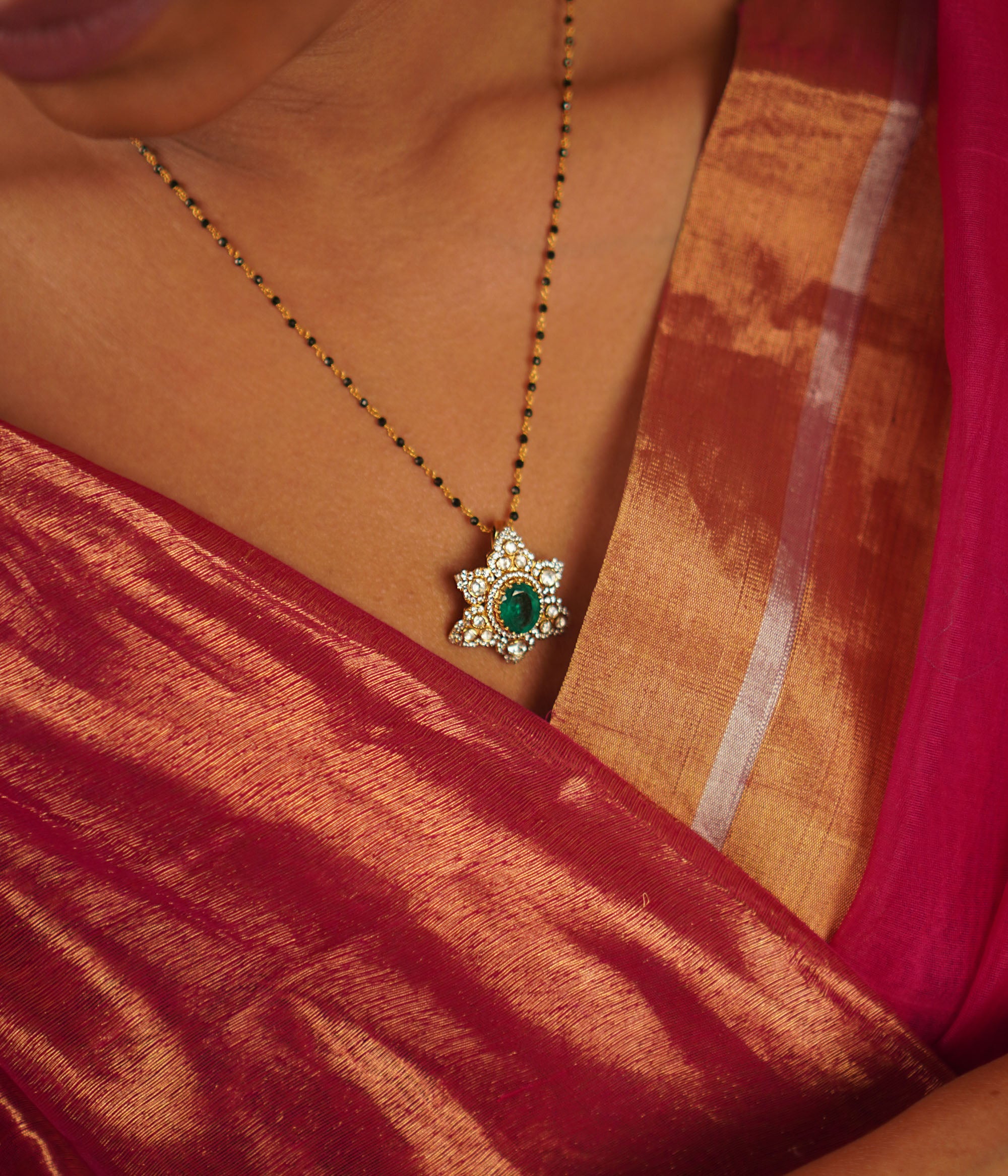Chemmoli Pendant in 92.5 Silver with Green Gemstone and Polki Stones