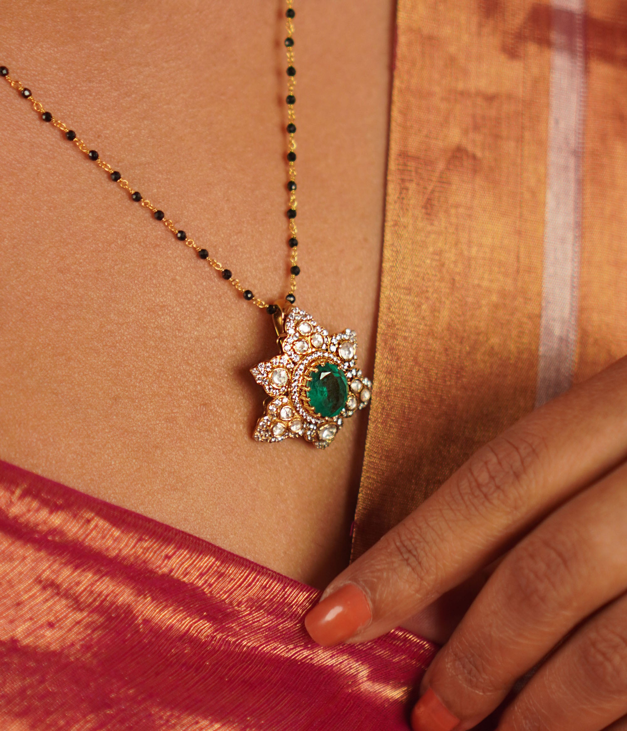 Handcrafted Antique Finish Silver Pendant with CZ and Green Stones