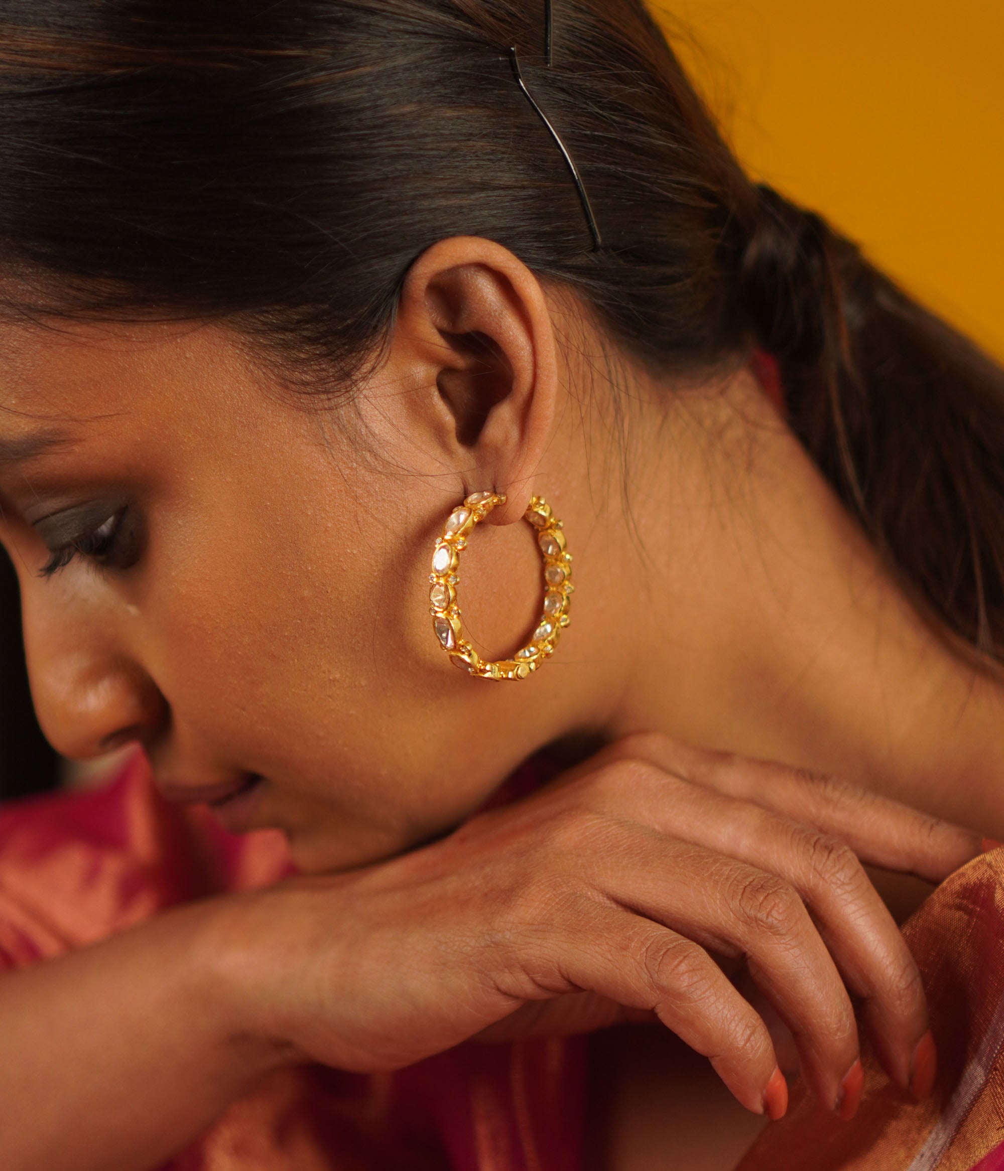 Crossandra Earrings in Silver with Moissanite Polki Stones