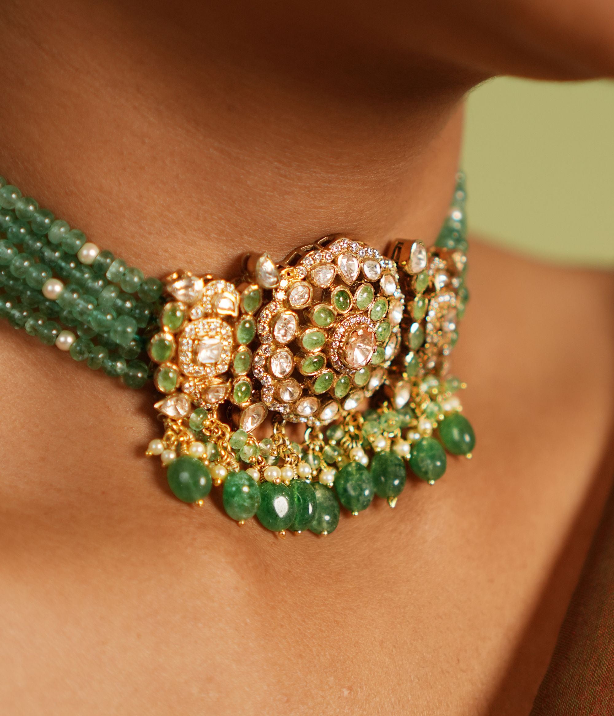 Devanee Choker in 92.5 Silver with Polki CZ and Green Stones