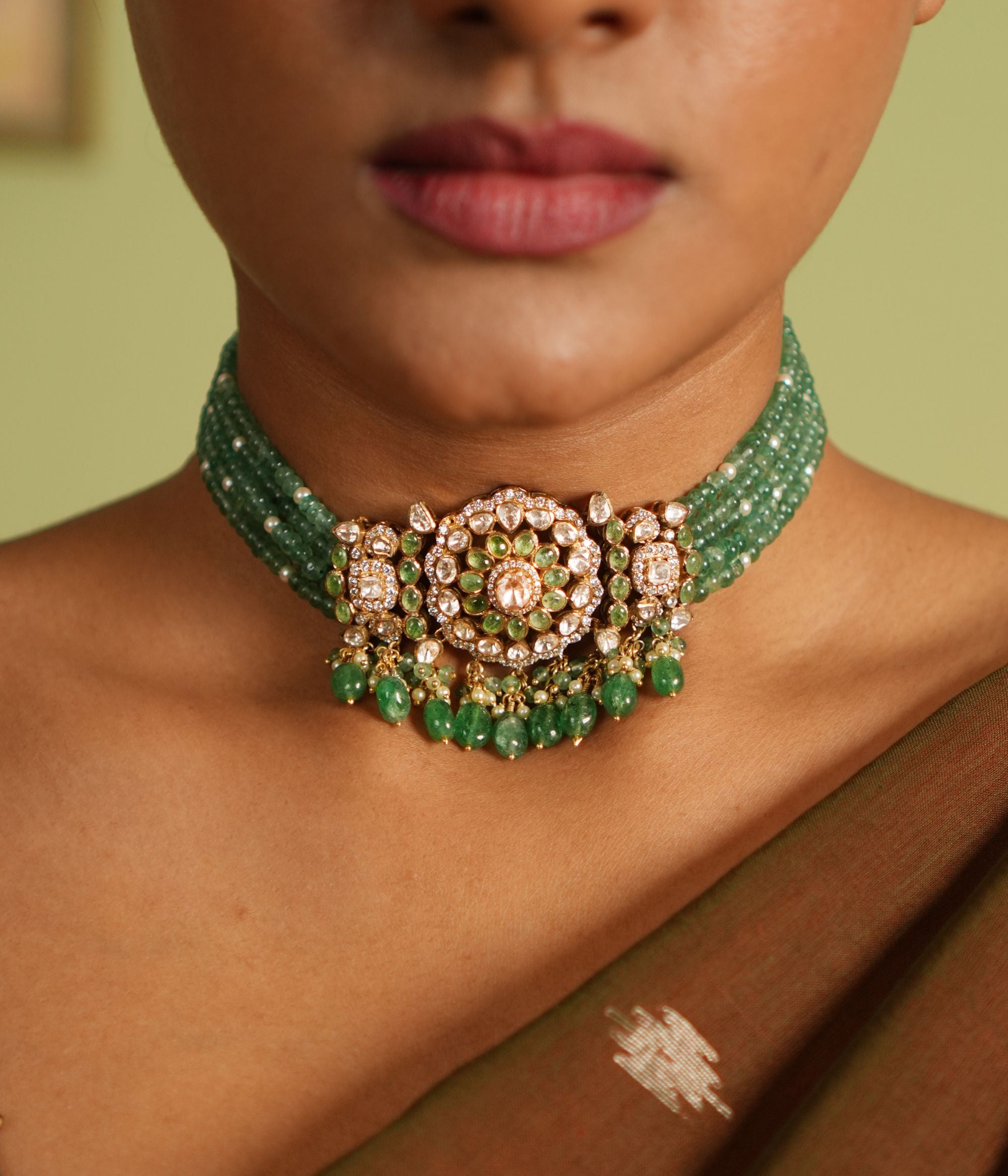 Devanee Choker in 92.5 Silver with Polki CZ and Green Stones