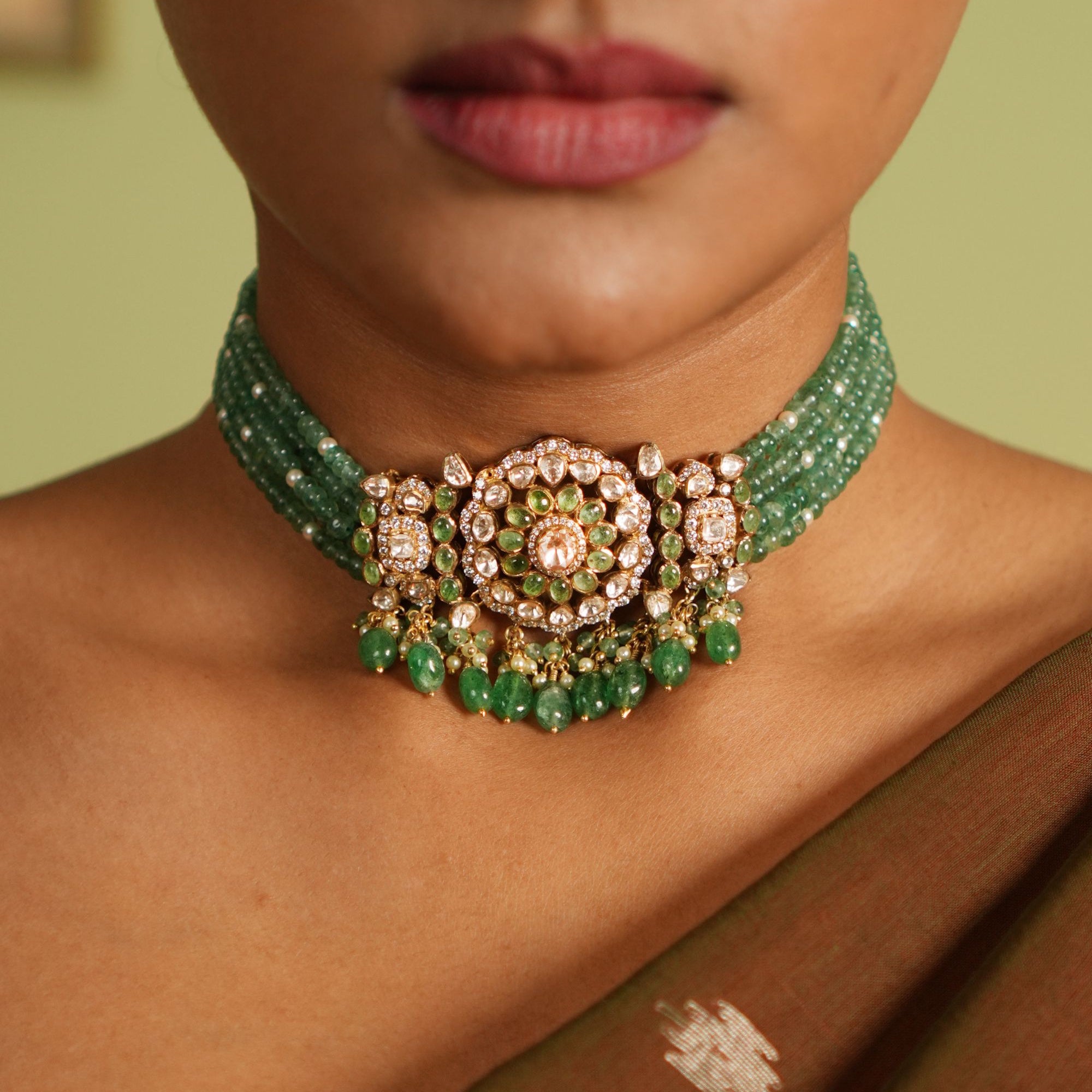 Devanee Choker in 92.5 Silver with Polki CZ and green stones