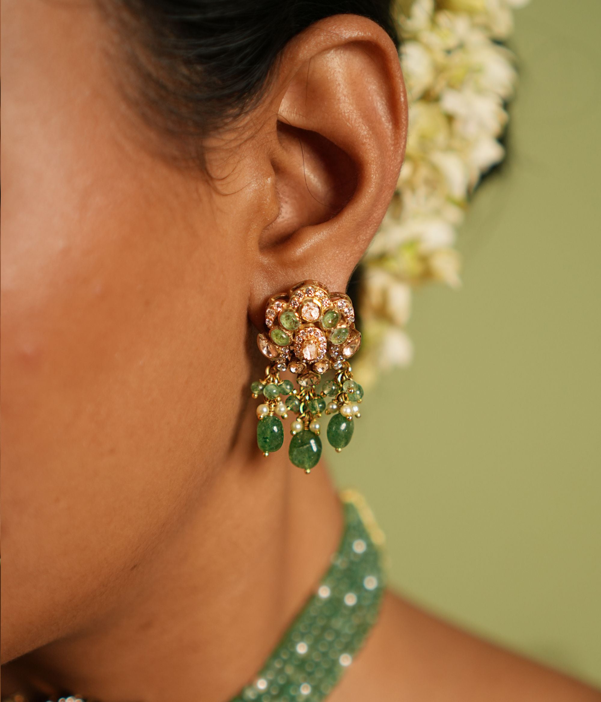 Devanee Earrings in 92.5 Silver with Polki CZ and Green Stones