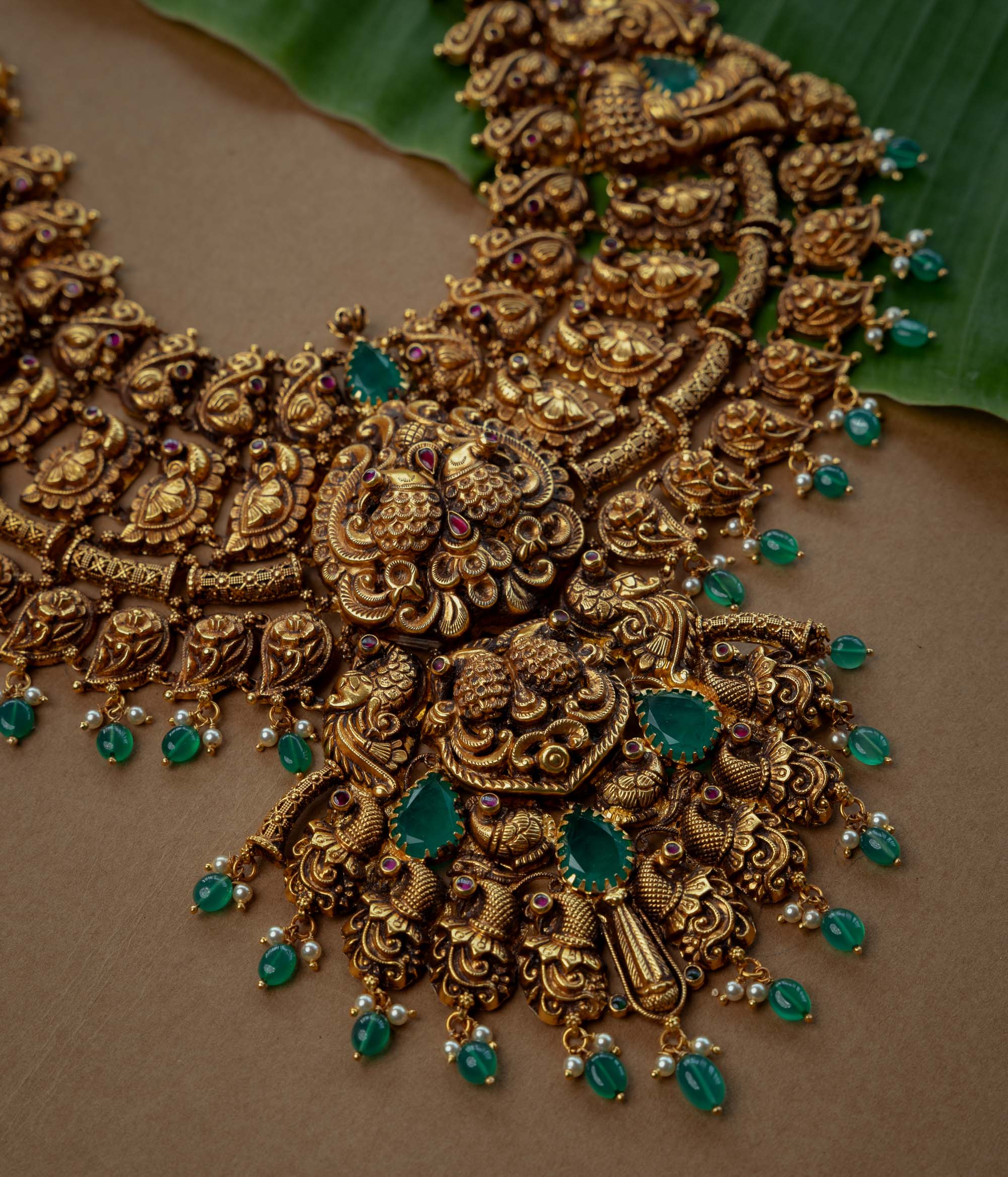 Temple Necklace with Red Kundan Stone, Green Kundan Stone, Green Beads and Pearls, themed around Heritage.