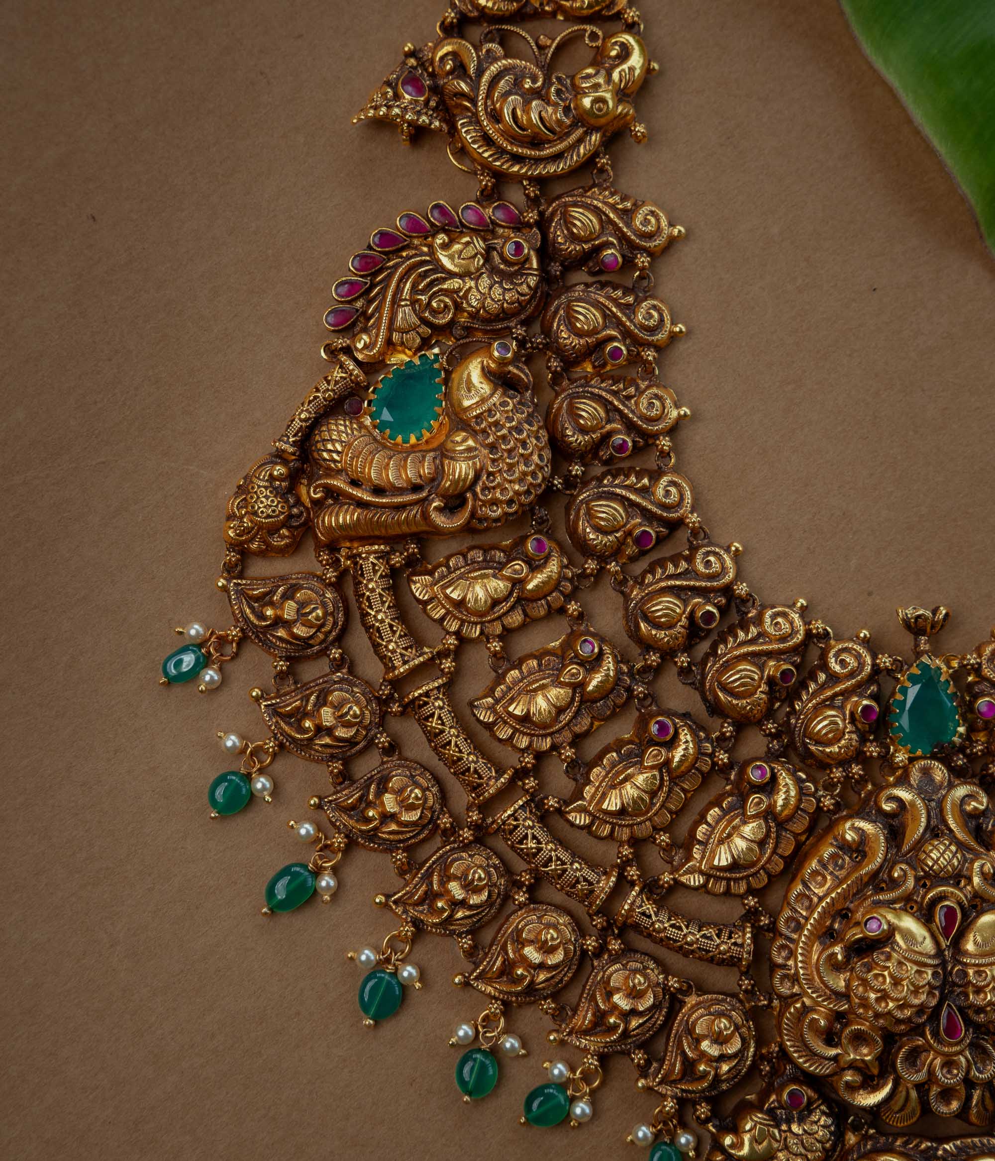 Temple Necklace with Red Kundan Stone, Green Kundan Stone, Green Beads and Pearls, themed around Heritage.