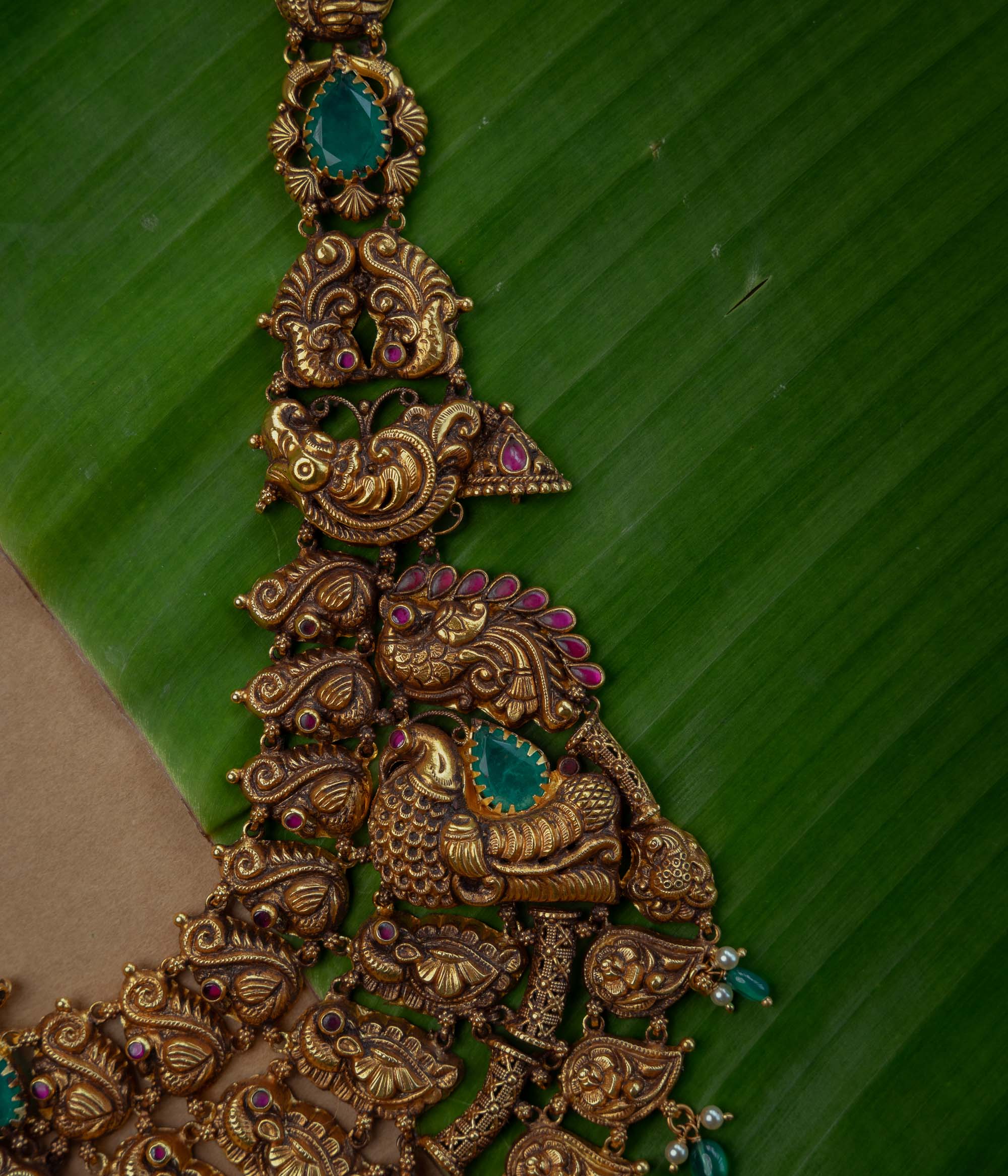 Temple Necklace with Red Kundan Stone, Green Kundan Stone, Green Beads and Pearls, themed around Heritage.