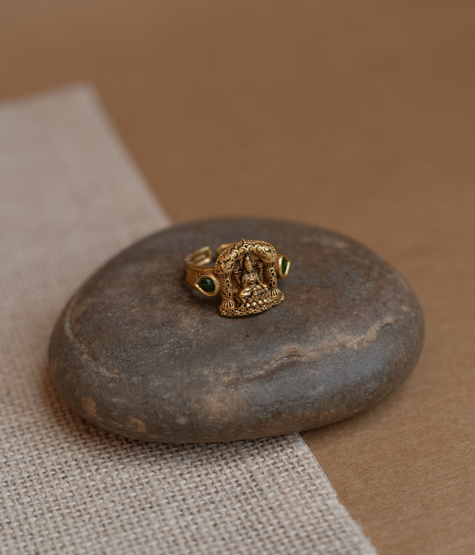 Temple collection ring with green Spinal stone in elegant temple-inspired craftsmanship.