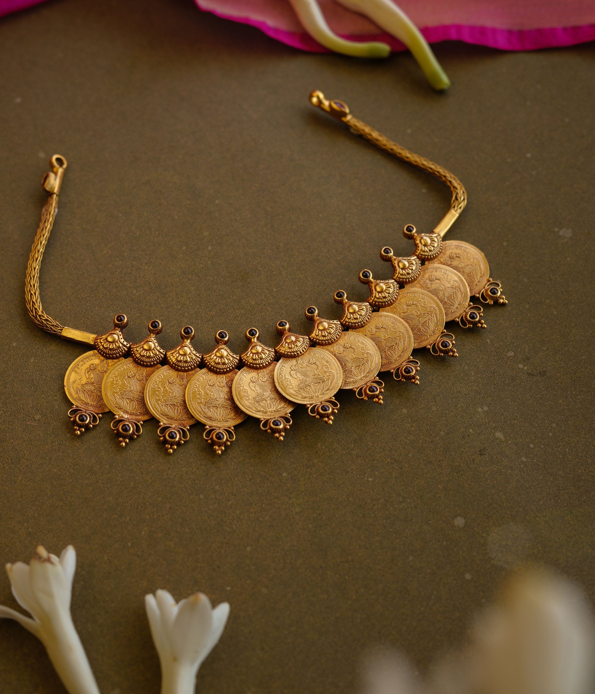 Antique Lakshmi coin temple necklace with Red Spinel stones, inspired by traditional South Indian heritage.