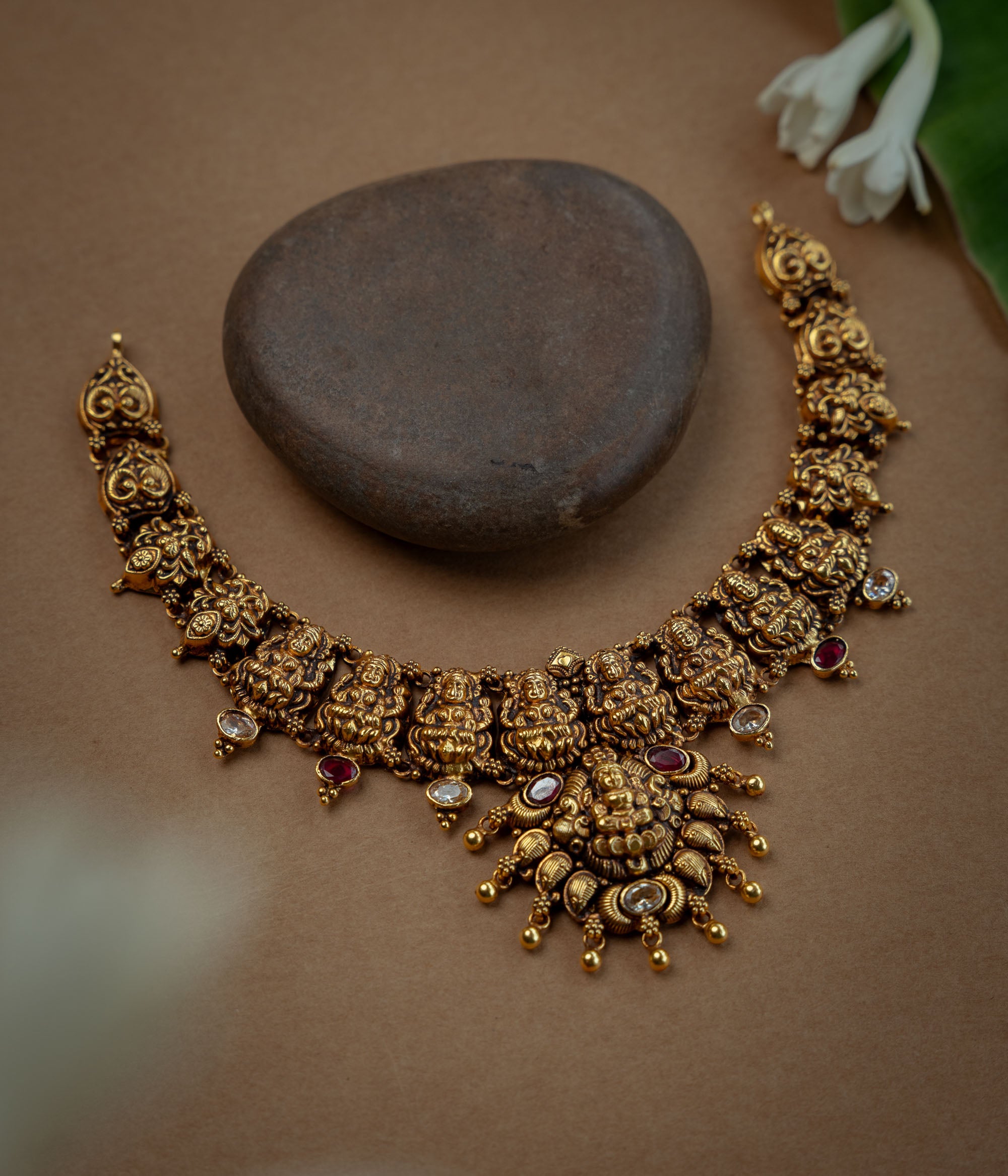 Temple Necklace with Red Kundan Stone, White Kundan Stone, themed around Goddess.