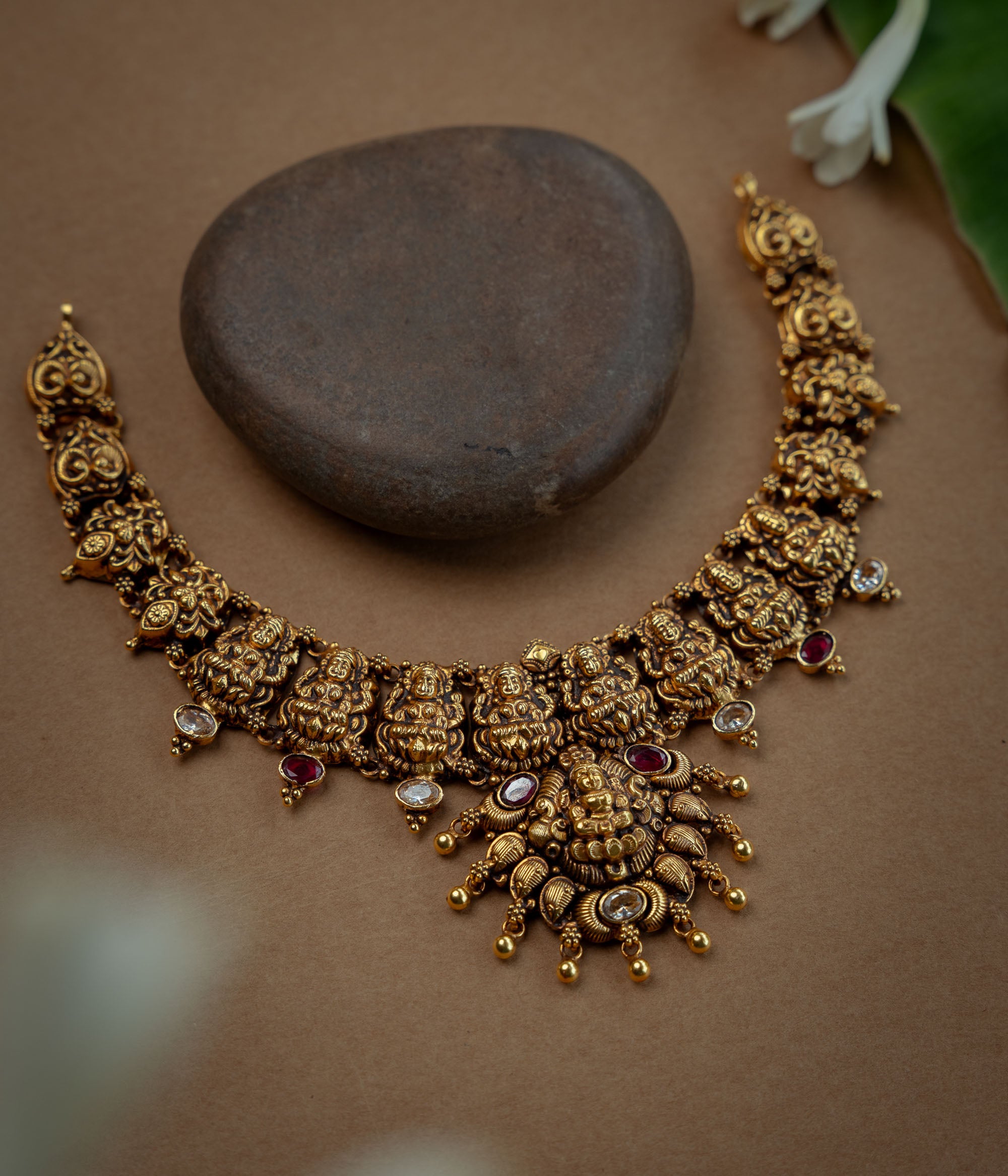 Temple Necklace with Red Kundan Stone, White Kundan Stone, themed around Goddess.
