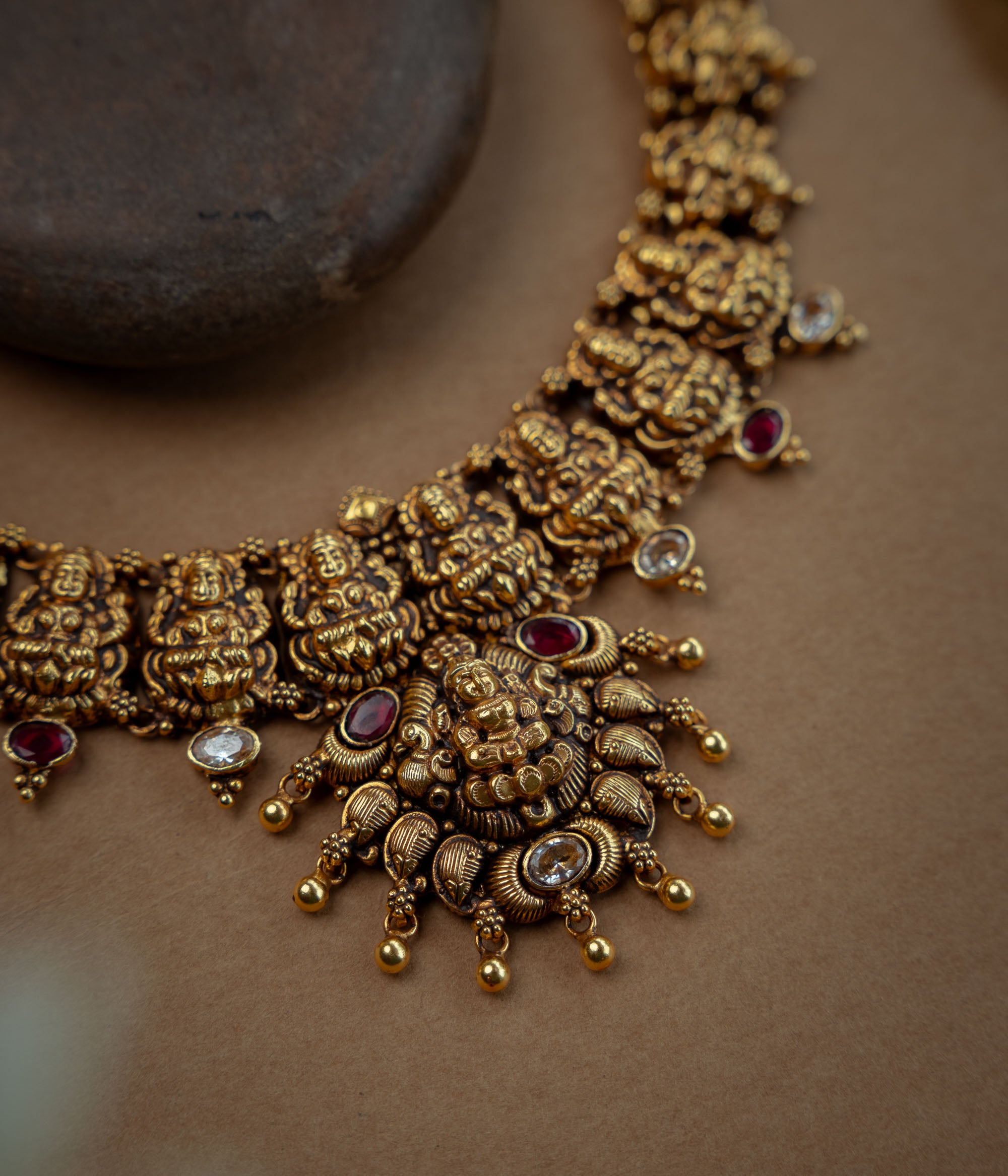 Temple Necklace with Red Kundan Stone, White Kundan Stone, themed around Goddess.
