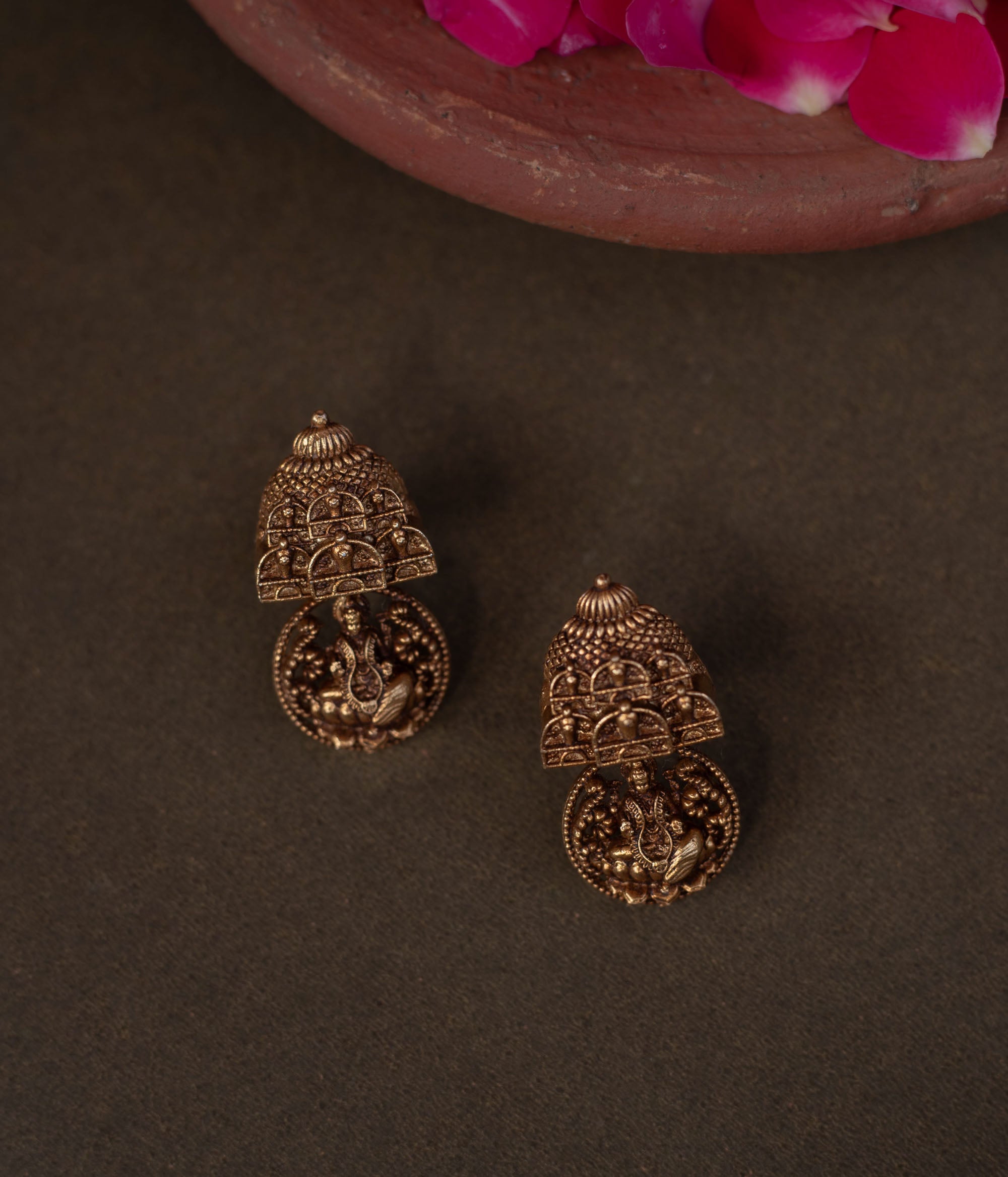 Silver temple jhumka earrings with red and white Kundan
