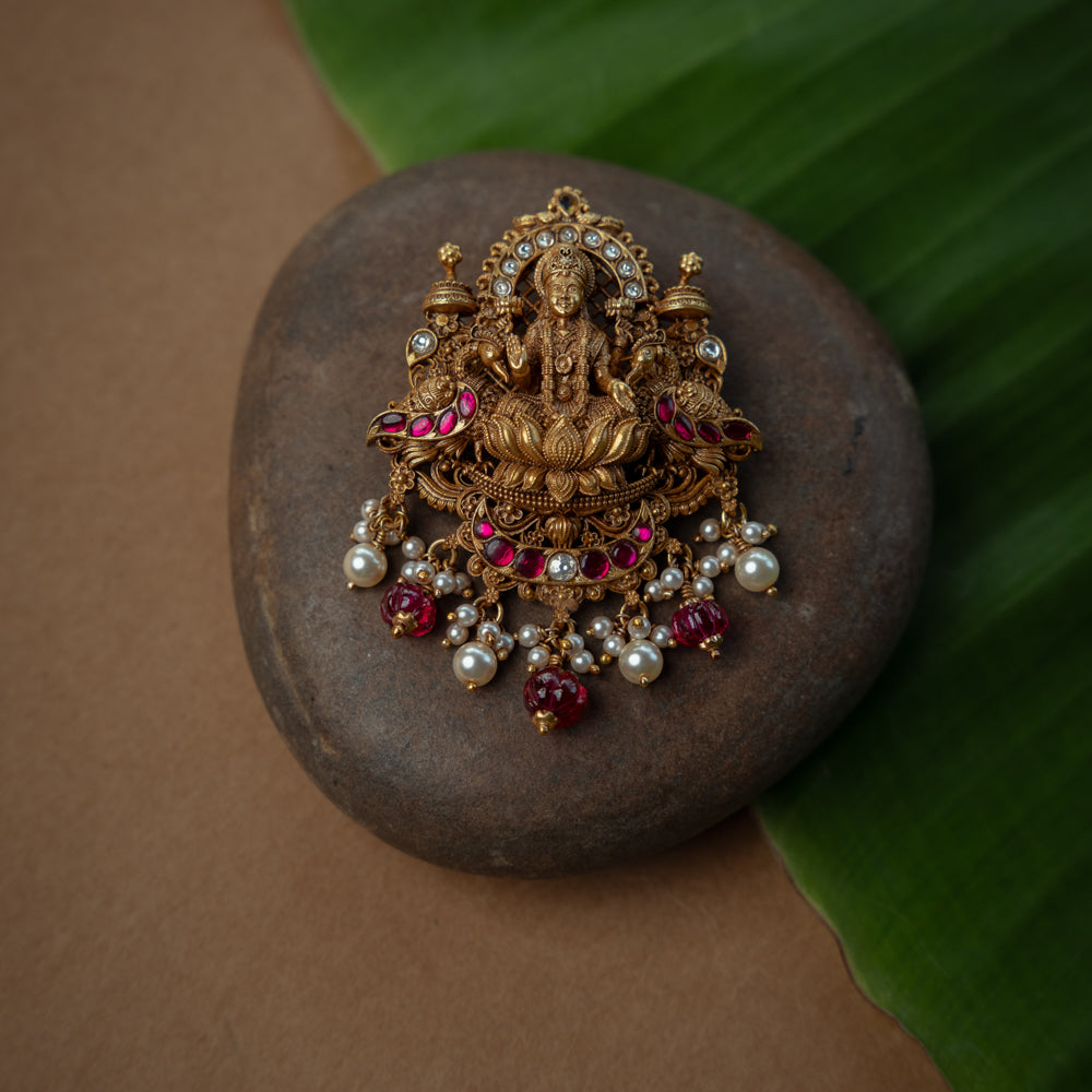Pendant Pendant with Red Kundan Stone, White Kundan Stone, Red Beads and Pearl., themed around Peacock.