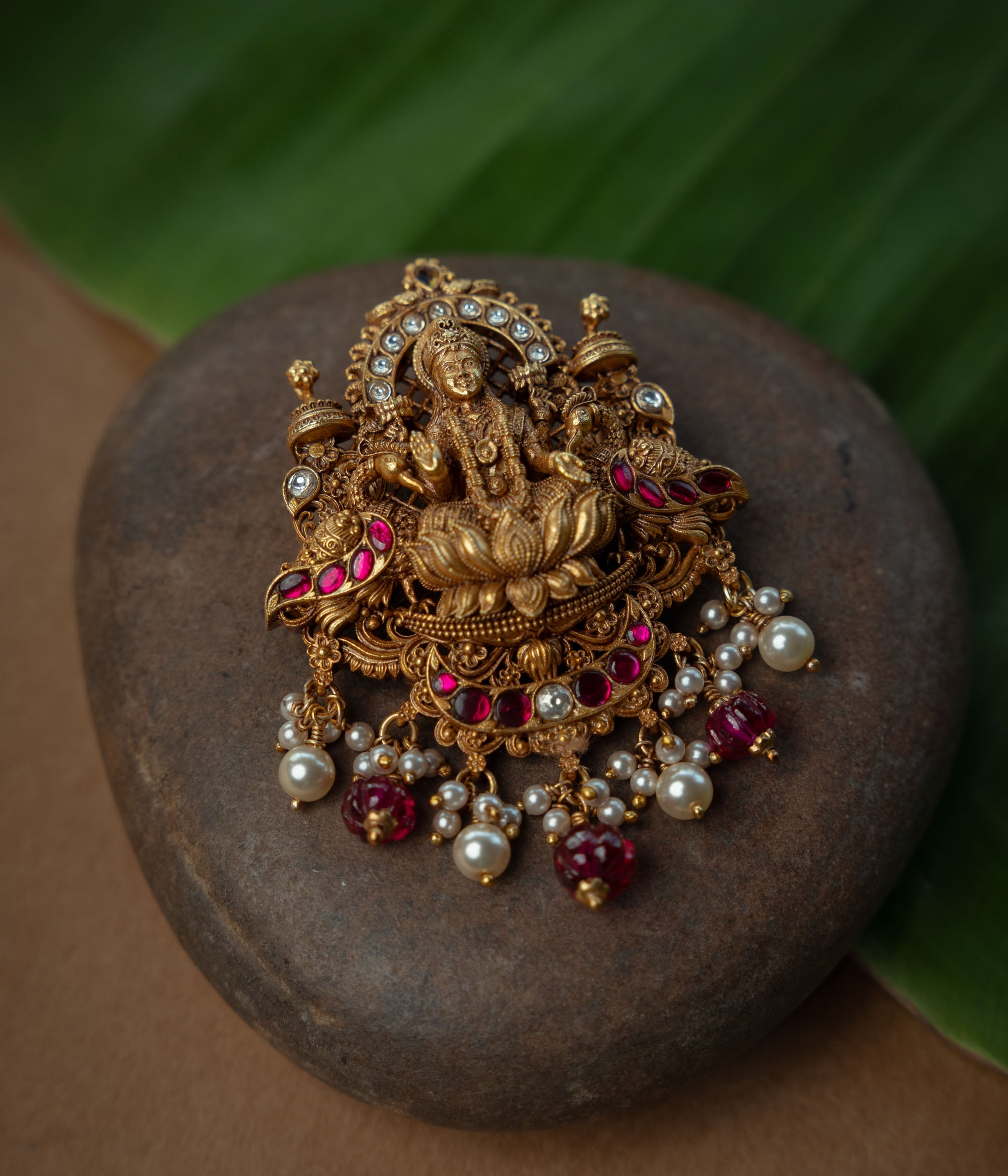 Pendant Pendant with Red Kundan Stone, White Kundan Stone, Red Beads and Pearl., themed around Peacock.