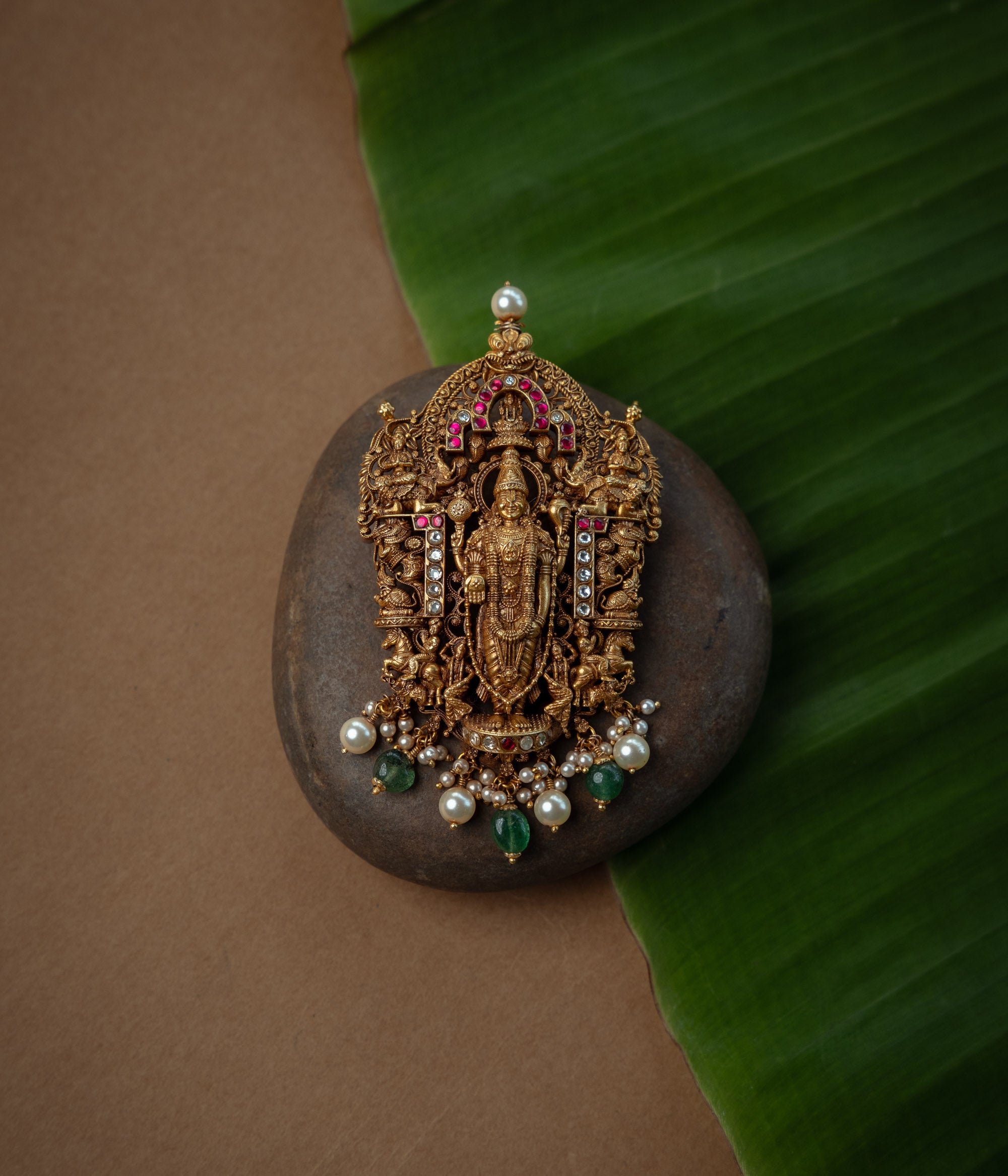 Pendant Pendant with Red Kundan Stone, White Kundan Stone, Red Beads and Pearl., themed around Lotus.