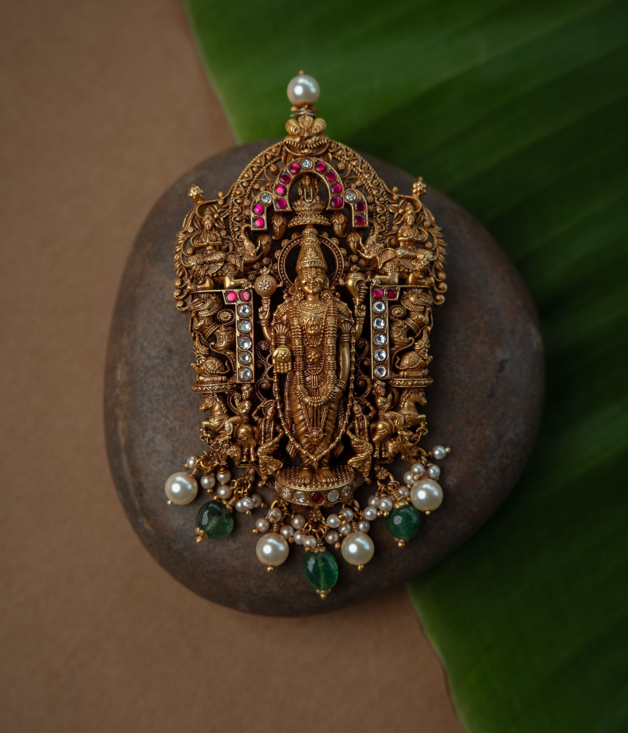 Pendant Pendant with Red Kundan Stone, White Kundan Stone, Red Beads and Pearl., themed around Lotus.