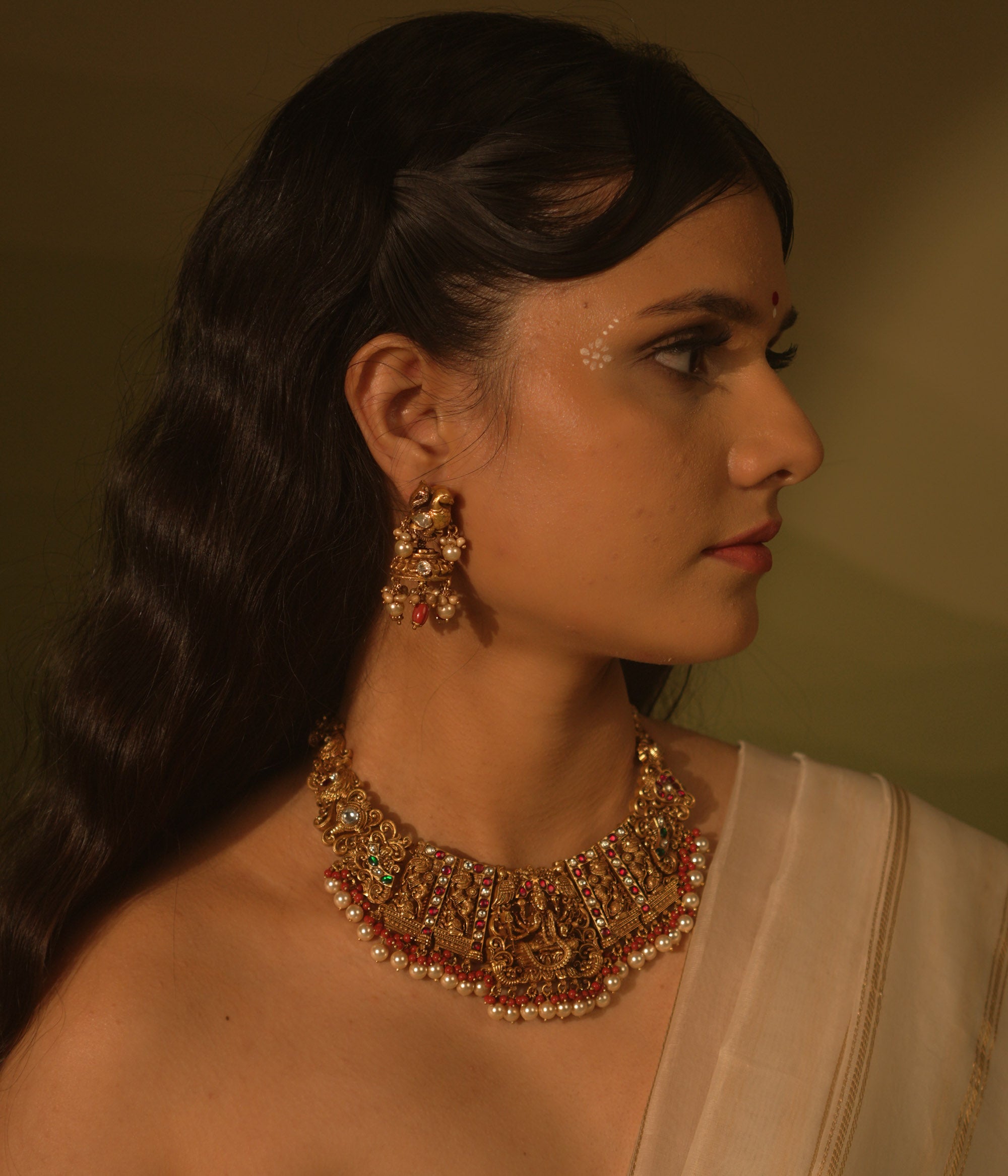 Handmade silver necklace with red green white Kundan stones