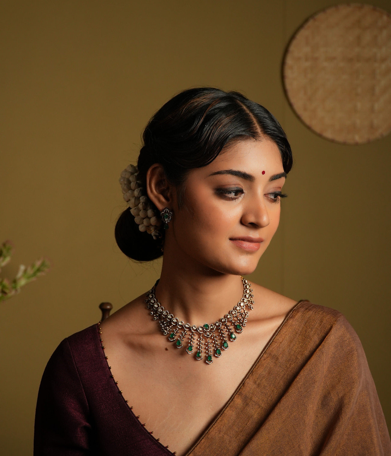 Traditional Silver Necklace with Green Gemstone and CZ Work