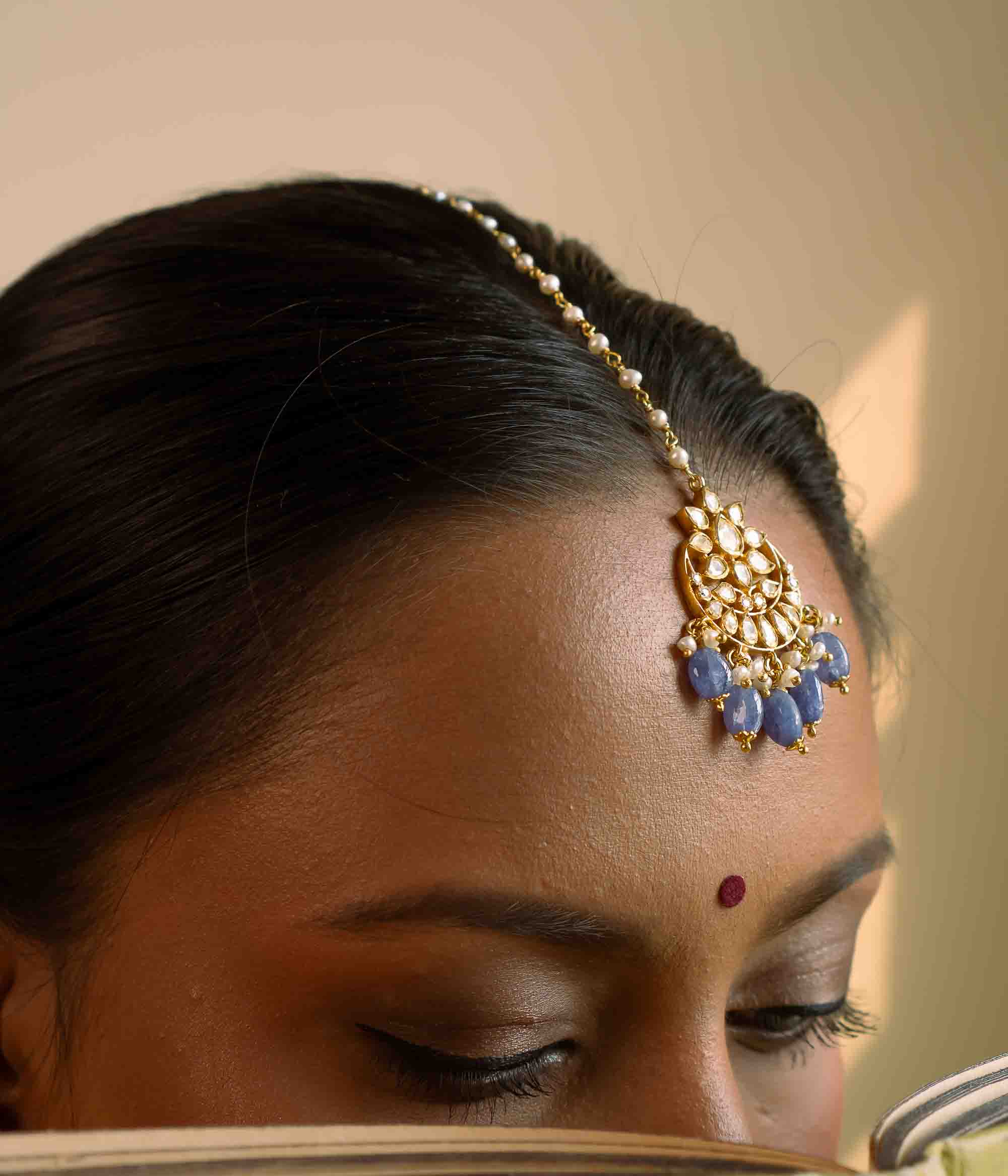 Handmade Polki Maangtika with Blue Beads in Silver