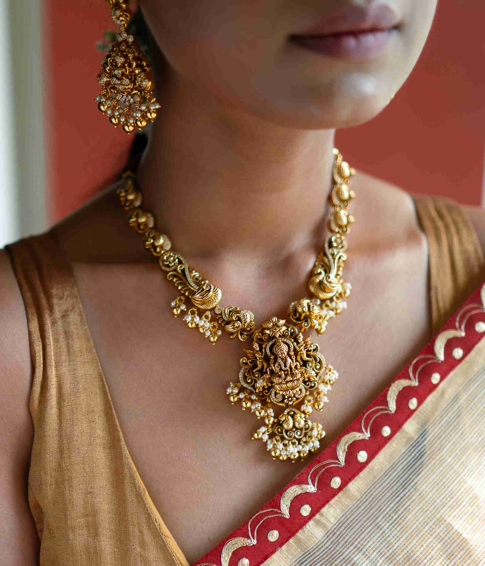 Handmade Temple Necklace with Pearls and Gold Plating – Deeya