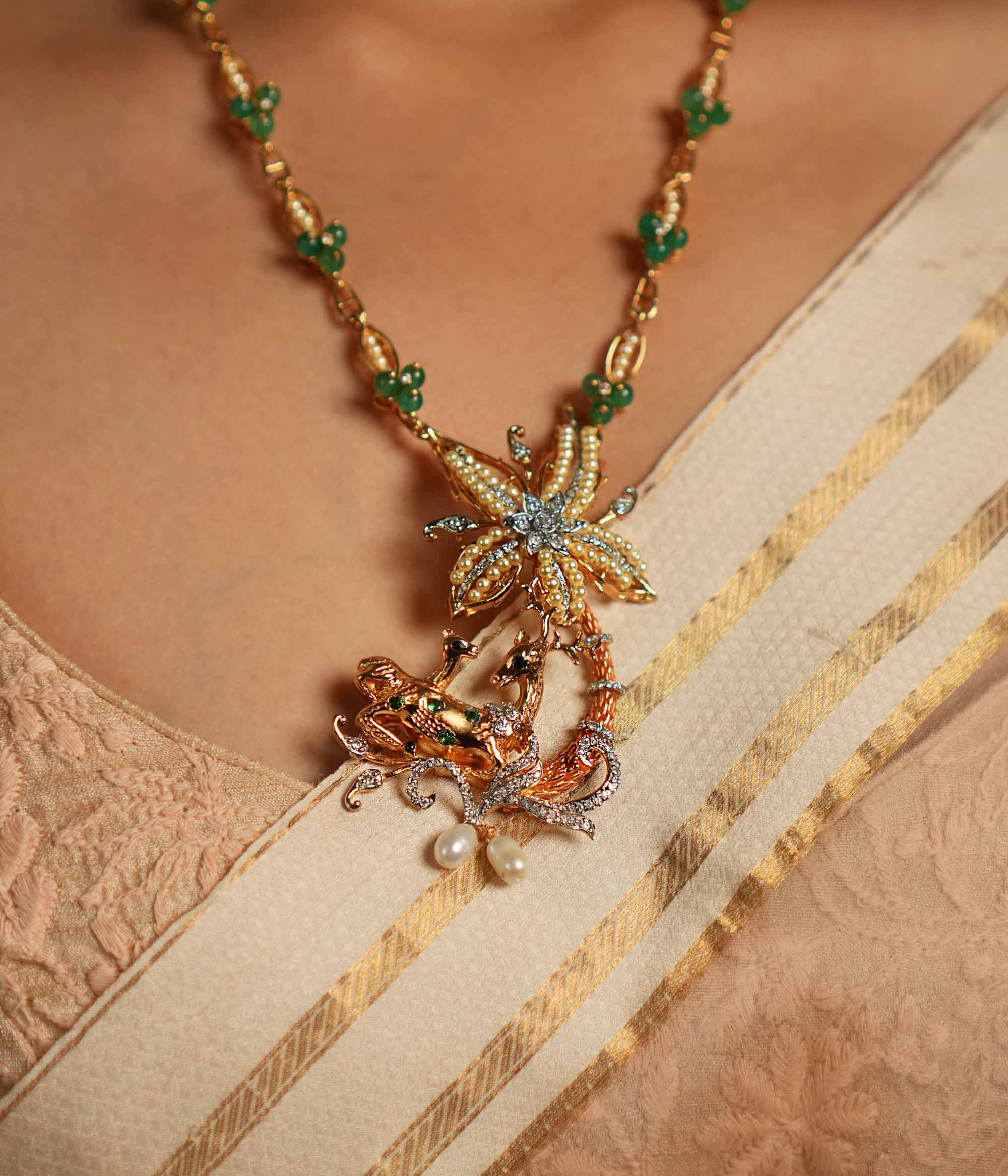 Victorian Finish Silver Necklace with Green Gemstones – Delilah