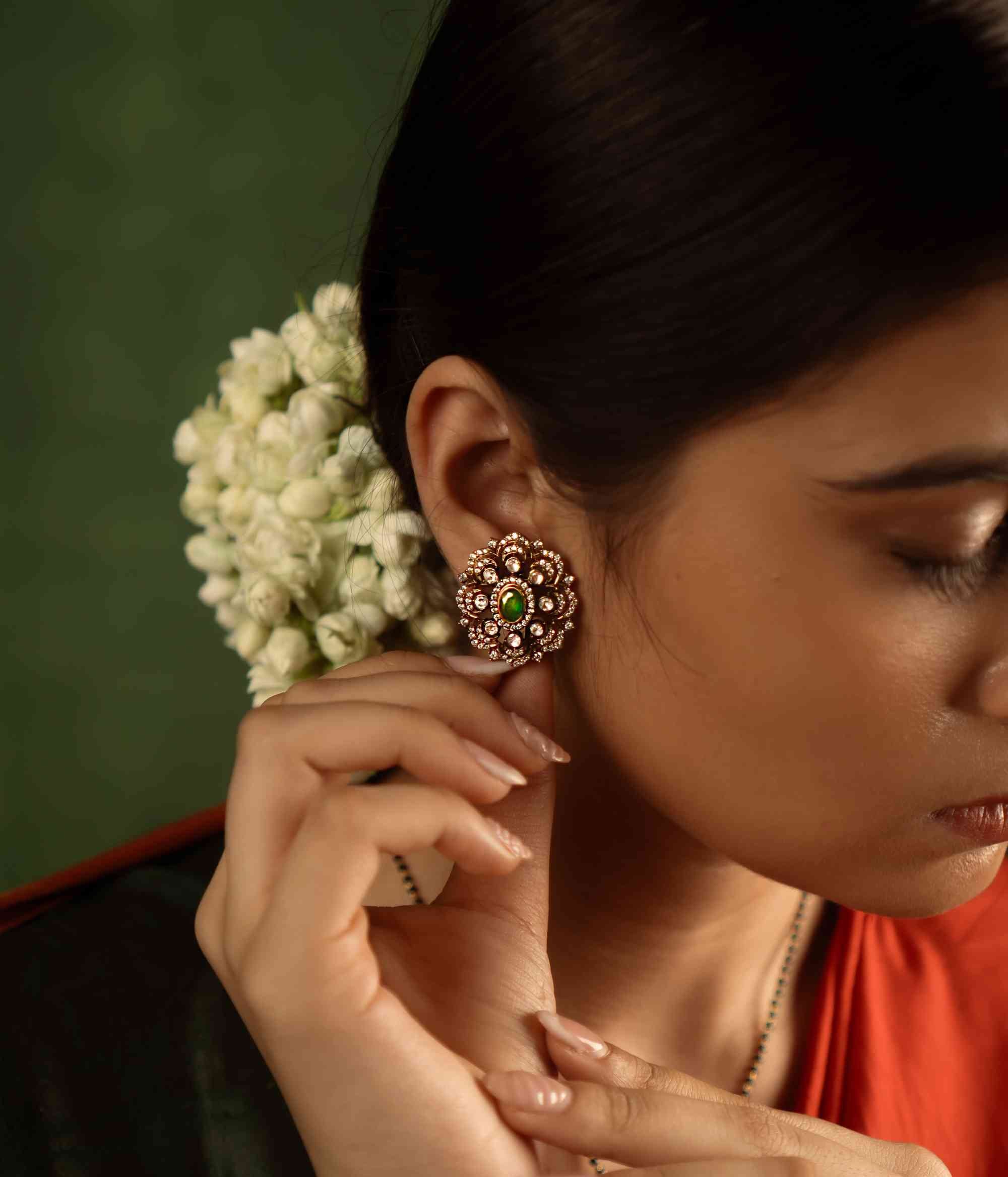 Dese Queens Love Victorian Earrings in 92.5 Silver with Polki Stones