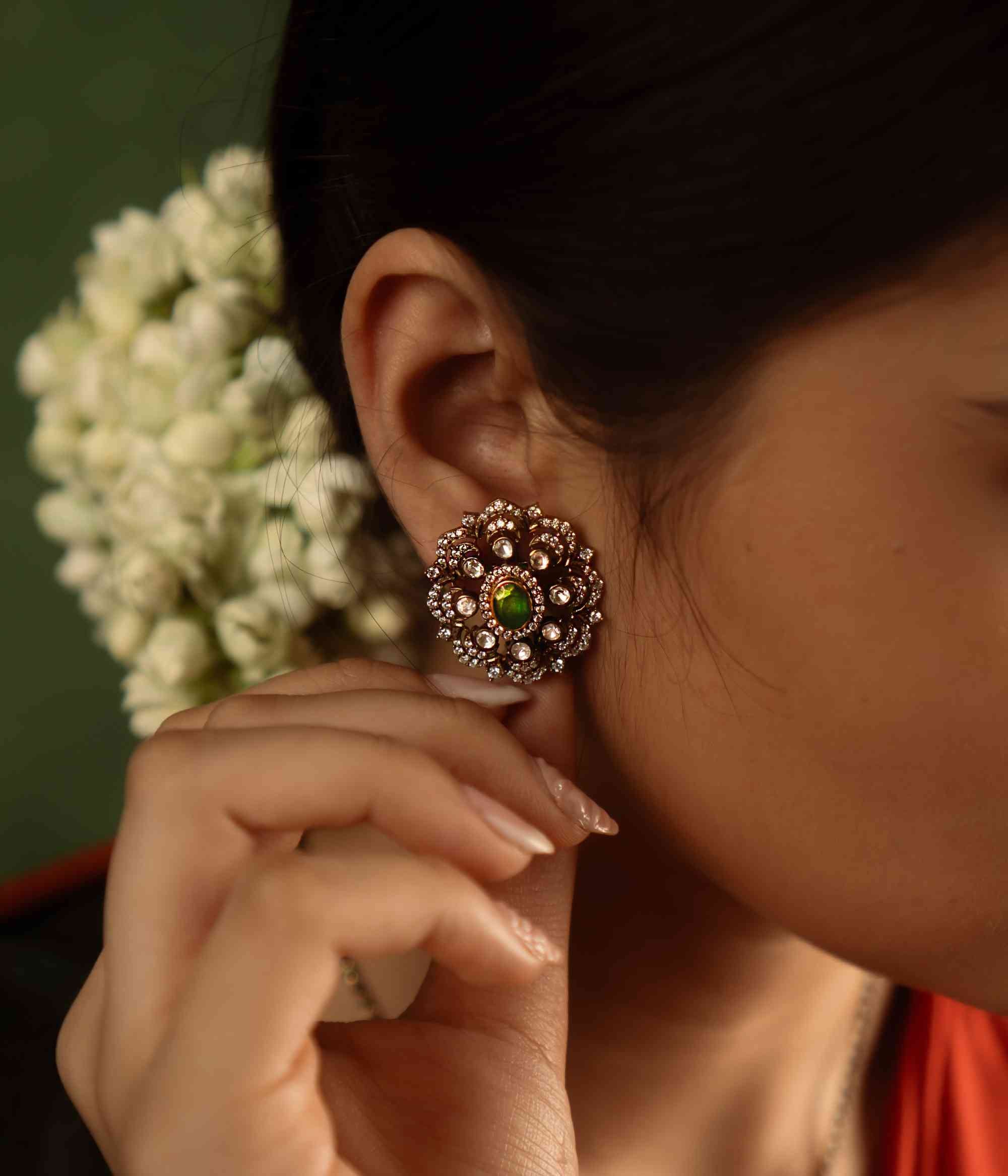 Handmade Victorian Silver Earrings with Green and CZ Stones – DivasMantra